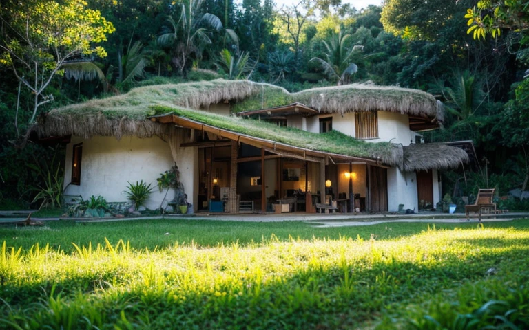 A photograph of a symmetrical contemporary house with (((green roof))) and (((biological pool))) in a tropical backyard, white plaster walls (((rustic clay stucco))), ((corner walls rounded)), ((rustic clay plaster)), (((white walls with rounded corners, organic curves))), (((rustic earth plaster, mud))), (((wave-shaped green roof with wooden edge))), (((wooden roof structure, wooden rake, wooden fascia board))), eaves, porch with wooden pillar, ((roof with wooden structure)), In Bali (((Tropical garden))) , ((natural houses, organic buildings, organic architecture)), Ecovillage, sustainable architecture, Bioconstruction, solarpunk architecture, (((grass roof, green roof, green wave roof, rounded roof, vegetated roofs))), ( (green architecture)), Passive house, (((Rock Foundation))), Clear sky in the background, painful beauty, modern, imposing, green house, ((Bali Hadid Style)), super resolution, cinematic, color grading , editorial photography, photography, photo shoot, (((dramatic front eye top angle view))), O 50mm, depth of field, intricate details, natural colors, sharp focus, warm light, shutter speed 1/1000 , F/22 , White Balance, Ray Trace Reflections, Lumen Reflections, Screen Space Reflections, Diffraction Rating, Chromatic Aberration, GB Shift, Partial Lighting, Backlighting, Daylighting, Scan Lines, ambient occlusion, antialiasing, shaders, OpenGL-Shaders, GLSL-Shaders, Post-processing, post-production, shading, tone mapping, incredibly detailed and complex, hypermaximalist, elegant, hyperrealistic, super detailed, dynamic pose, Fujifilm XT3