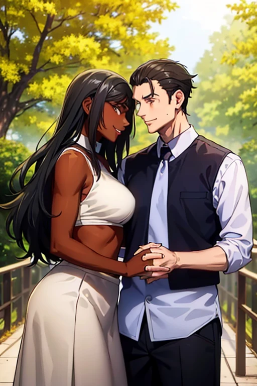 interracial couple, getou, holding hands, smiling, looking into each other's eyes, ((white skin man, very tall, brown eyes, medium length hair, loose hair, black hair, muscular body, piercing)), ((dark skin woman dark brunette, dark brown eyes, black hair, curly hair, hair back, short)), casual clothes, ginkgo trees in autumn, ((white man and black woman)), masterpiece, great quality, beautiful