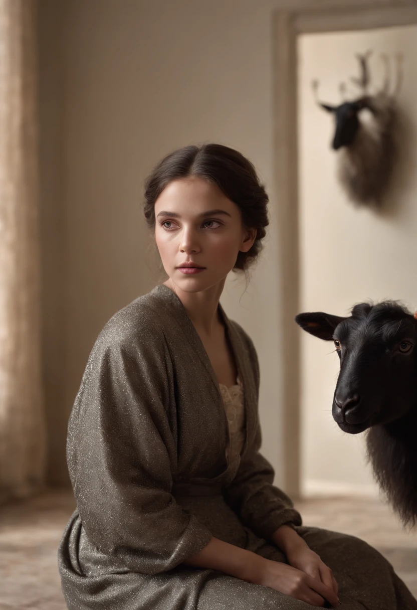 a woman sits in front of a mirror. A  dressed as a black sheep is in the reflection.  The child is sad, with tears streaming down her face. With impeccable artistry, the image captures the ethereal essence of the scene, showcasing its radiant and otherworldly hues. The composition, whether a photograph or a painting, exudes a remarkable level of detail and precision, elevating the viewer's experience.