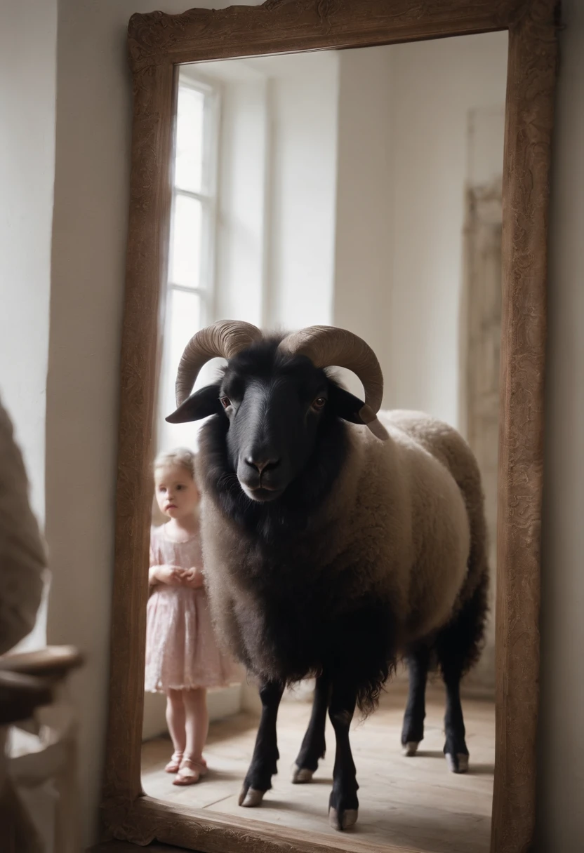 a woman sits in front of a mirror. A child dressed as a black sheep is in the reflection. The child is sad, with tears streaming down her face. With impeccable artistry, the image captures the ethereal essence of the scene, showcasing its radiant and otherworldly hues. The composition, whether a photograph or a painting, exudes a remarkable level of detail and precision, elevating the viewer's experience.
