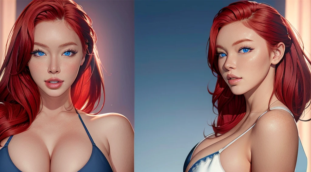 Female original character reference sheet adoptable, (masterpiece:1.4), (photorealistic:1.3), (best quality), (extremely high detail), Austin White, ((red hair)), ((blue eyes)), huge breasts, thigh muscles, surprised, making oh face, blushing, embarassed, dynamic pose, dynamic angles,