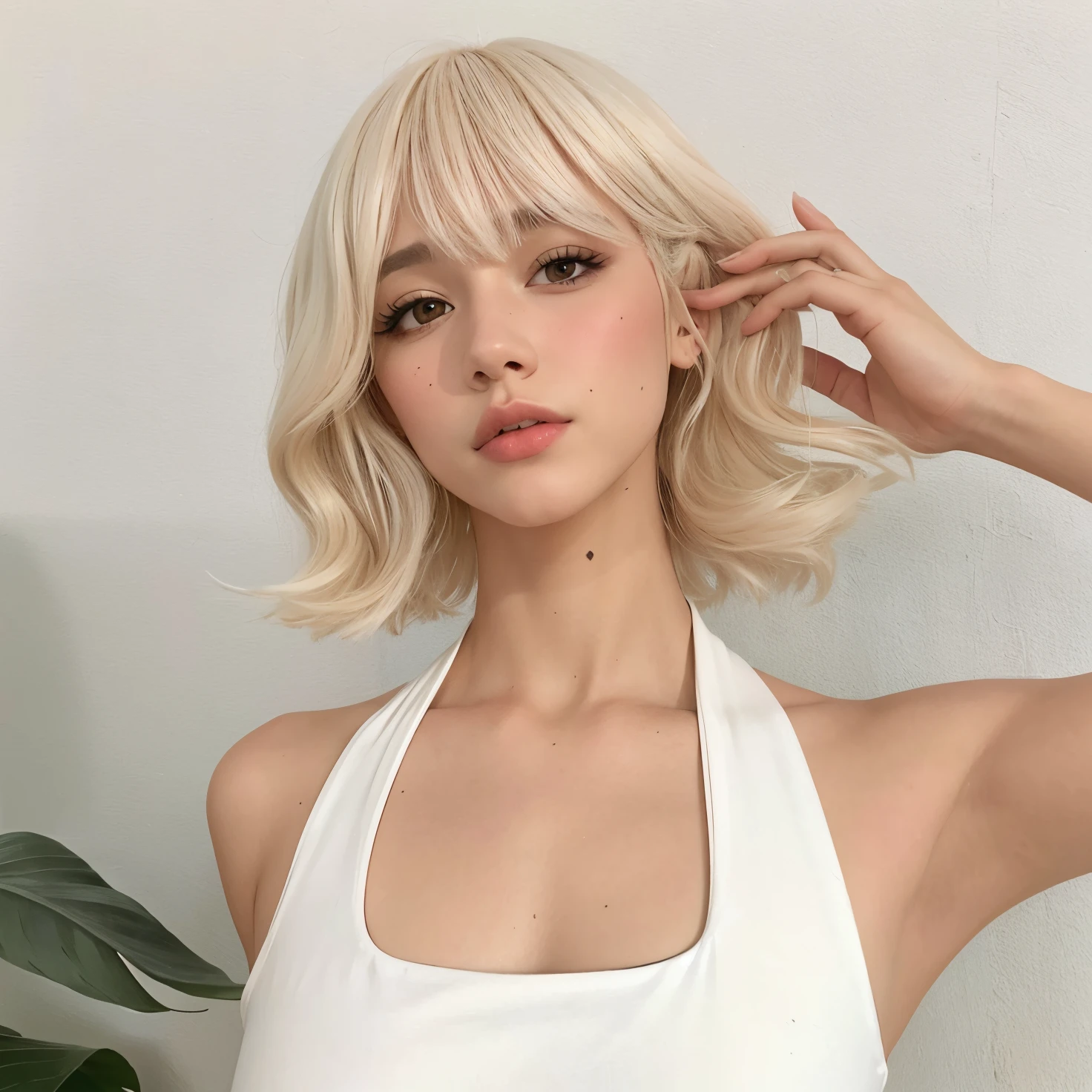 Highest quality, cabello y piel detallado, fondo elegante, mujer rubia con una camiseta blanca sin mangas y una planta verde, Cabello rubio corto con flequillo, con pelo corto con flequillo, cabello whitebangs cabello, con el pelo corto, con flequillo, flequillo blanco, Cabello rubio corto y ondulado, Peinado blanco de corte hime, Chica con el pelo corto y blanco, con flequillo completo, con pelo blanco corto y ondulado, chica corta y rizada de cabello rubio