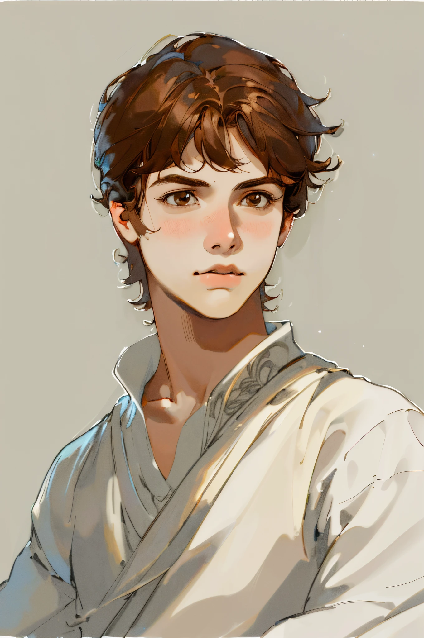 (best quality,4k,Altas,master part:1.2),ultra-detalhado,Realistic,illustration,atmosfera divina,fundo cinza neutro,young man,brown hair,olhos castanhos,roupas brancas simples e velhas,2D,plano,Centrado,Sharp,linhas limpas