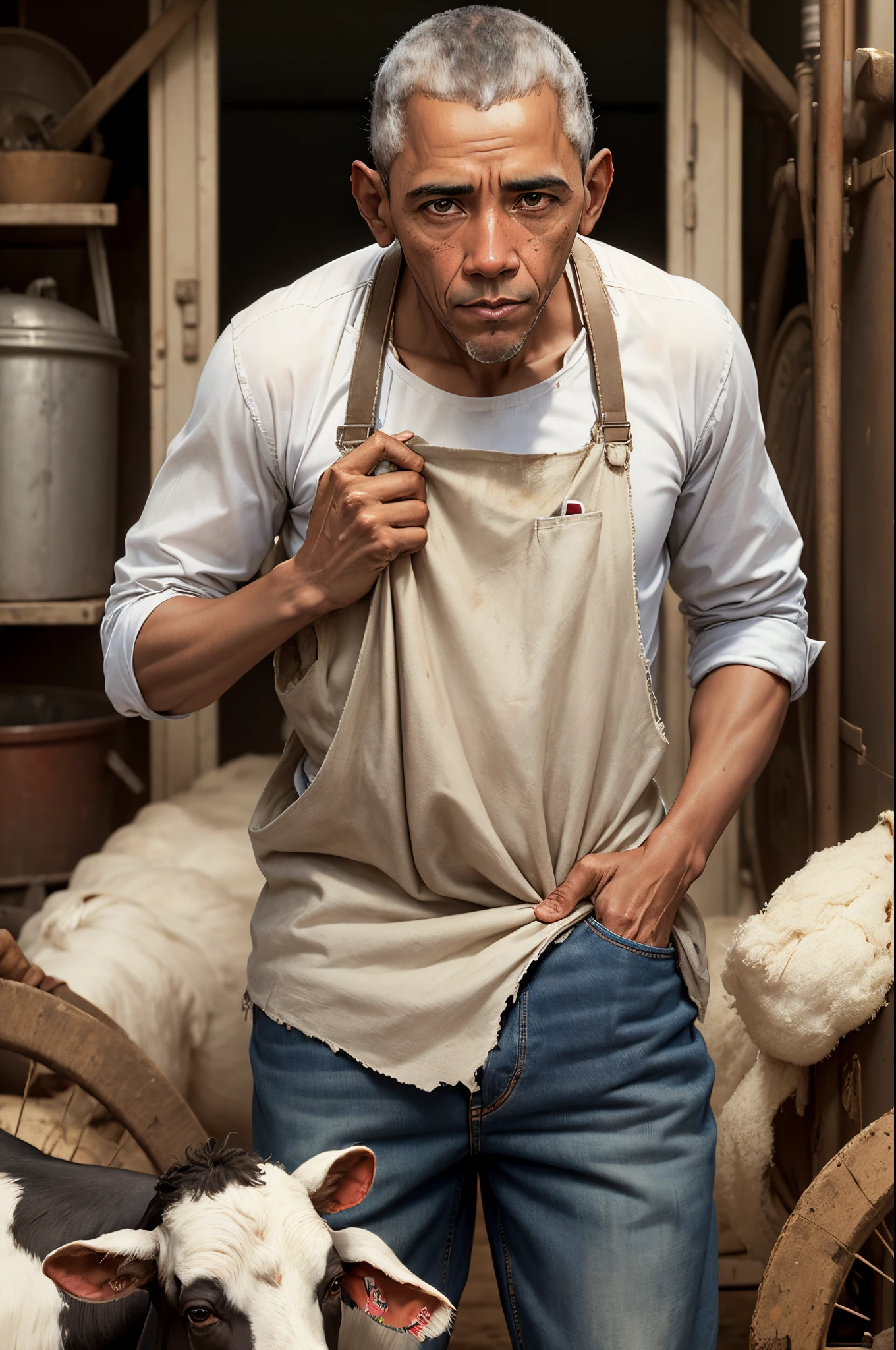 US President Barack Obama looks tired and thin, Barack Obama looks like a farmer, Barack Obama in torn, dirty work clothes, Barack Obama milks a goat, (The clothes are dirty: 1,4), ripped clothes, (three: 1,2), dirty face, A realistic photo, Nikon D7000, ISO 120, farm, cows in the background