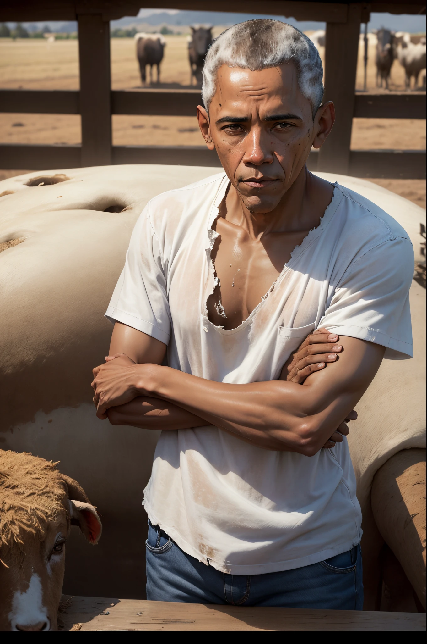 US President Barack Obama looks tired and thin, Barack Obama looks like a farmer, Barack Obama in torn, dirty work clothes, Barack Obama milks a goat, (The clothes are dirty: 1,4), ripped clothes, (three: 1,2), dirty face, A realistic photo, Nikon D7000, ISO 120, farm, cows in the background