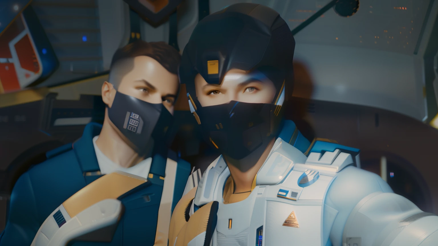 fking_scifi, award-winning photo of a man, black flight suit with yellow accents, brown hair, (gray eyes:1.35), square jawline, asymmetric face, no beard, standing in front of a window on a space ship, 80mm, bokeh, mass effect, close up, fking_cinema_v2