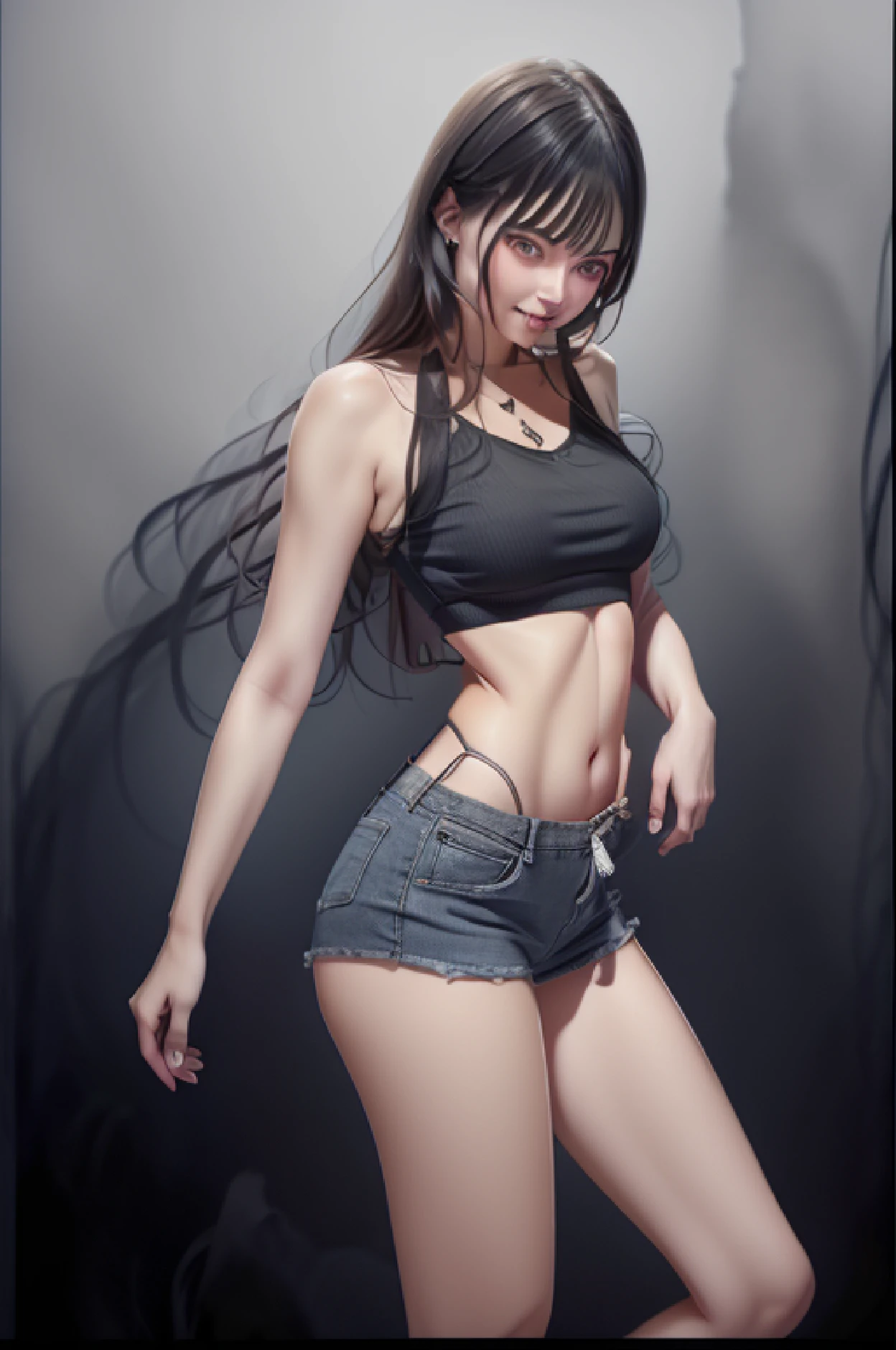 Digital Drawing, 4k, best quality, Comic Babes, (high quality, best rendering), (beautiful girl), blue eyes, ((long straight black hair)),(bombshell, pin-up style), psychopath, Face crazy, sexy pose, short denim shorts, tank top, pastel, centered, size to fit dimensions, micro thong, micro bikini, camel toe