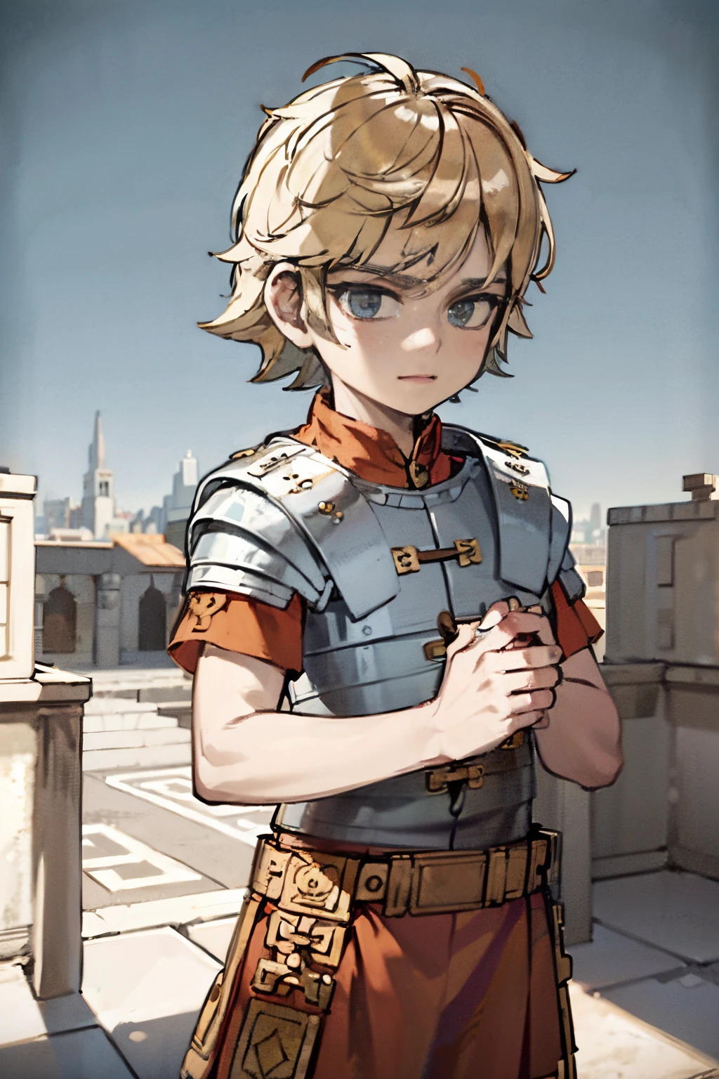  boy, brown hair, bob hair cut, wearing roman armor, glafiator armor, palace , marmore, European ancieth city, in morning, 4k, blue sky, roman flags, roman red flags, 4k, marmore edificios,