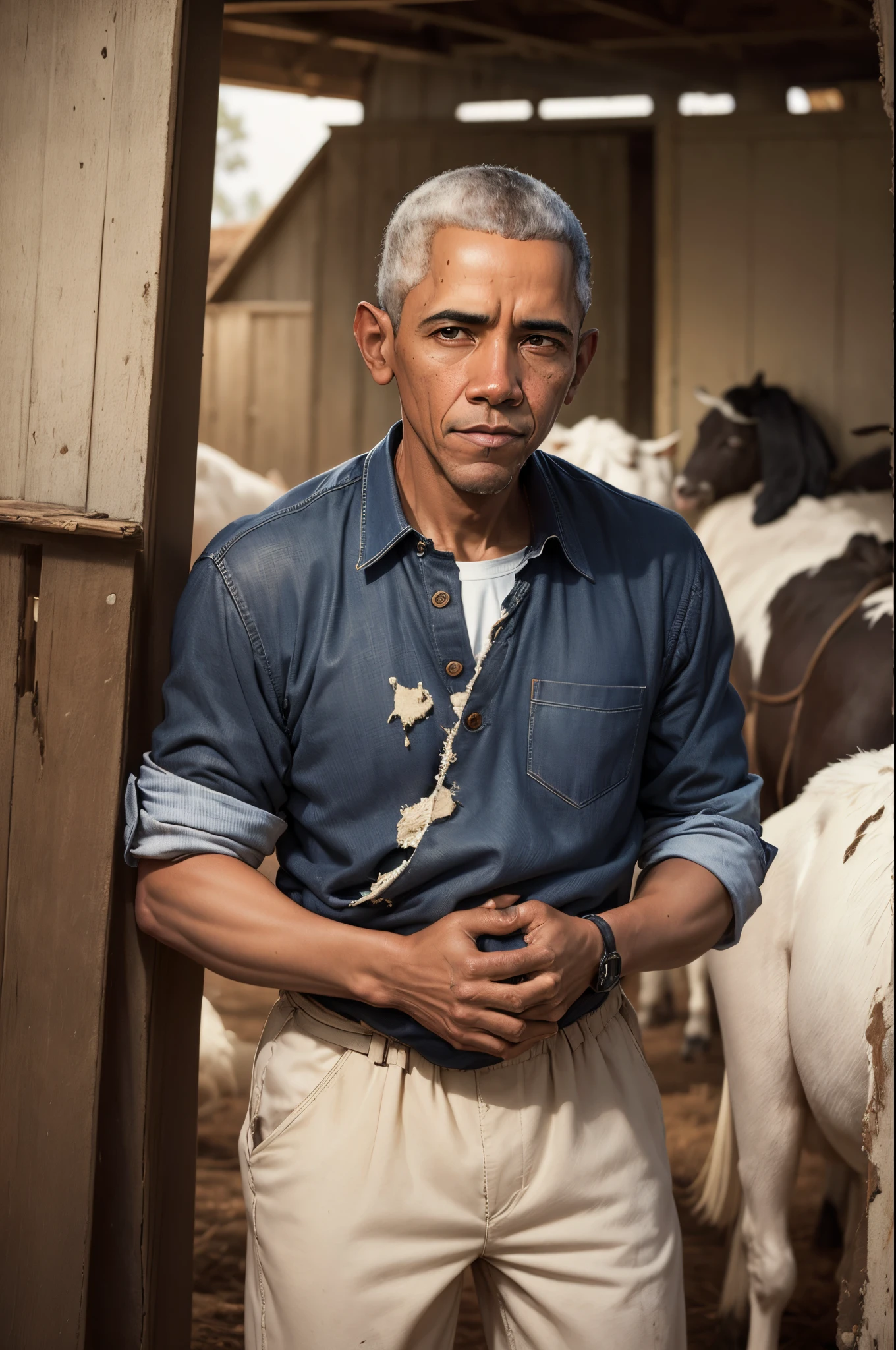 US President Barack Obama looks tired and thin, Barack Obama looks like a farmer, Barack Obama in torn, dirty work clothes, Barack Obama milks a goat, (The clothes are dirty: 1,4), ripped clothes, (three: 1,2), dirty face, A realistic photo, Nikon D7000, ISO 120, farm, cows in the background