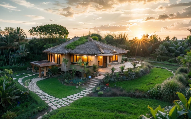 A photograph of a symmetrical contemporary house with (((green roof))) and (((biological pool))) in a tropical backyard, white plaster walls (((rustic clay stucco))), ((corner walls rounded)), ((rustic clay plaster)), (((white walls with rounded corners, organic curves))), (((rustic earth plaster, mud))), (((wave-shaped green roof with wooden edge))), (((wooden roof structure, wooden rake, wooden fascia board))), eaves, porch with wooden pillar, ((roof with wooden structure)), In Bali (((Tropical garden))) , ((natural houses, organic buildings, organic architecture)), Ecovillage, sustainable architecture, Bioconstruction, solarpunk architecture, (((grass roof, green roof, green wave roof, rounded roof, vegetated roofs))), ( (green architecture)), Passive house, (((Rock Foundation))), Clear sky in the background, painful beauty, modern, imposing, green house, ((Bali Hadid Style)), super resolution, cinematic, color grading , editorial photography, photography, photo shoot, (((dramatic front eye top angle view))), O 50mm, depth of field, intricate details, natural colors, sharp focus, warm light, shutter speed 1/1000 , F/22 , White Balance, Ray Trace Reflections, Lumen Reflections, Screen Space Reflections, Diffraction Rating, Chromatic Aberration, GB Shift, Partial Lighting, Backlighting, Daylighting, Scan Lines, ambient occlusion, antialiasing, shaders, OpenGL-Shaders, GLSL-Shaders, Post-processing, post-production, shading, tone mapping, incredibly detailed and complex, hypermaximalist, elegant, hyperrealistic, super detailed, dynamic pose, Fujifilm XT3