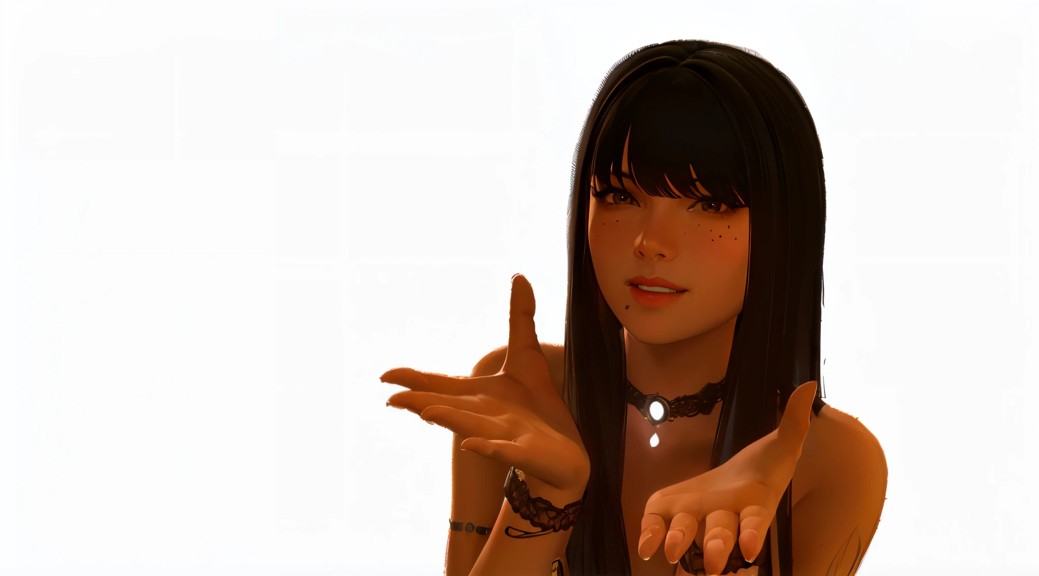 masterpiece, best quality, 1 girl, solo, black haired girl,detailed fingers, detailed hands, detailed face, detailed lips, detailed eyes, detailed eyebrows, detailed arms, detailed hands, detailed hairs, detailed clothes, pretty face, pretty lips, pretty mouths, pretty eyes, realistic, women smiling, pretty nose, pretty eyelids, women pointing to camera, moustache, pretty face, pretty hands, hands all opened, hands presenting, no blurs, 4k resolution, high definition image