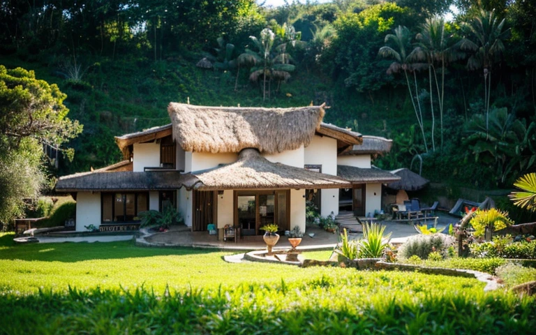 A photograph of a symmetrical contemporary house with (((green roof))) and (((biological pool))) in a tropical backyard, white plaster walls (((rustic clay stucco))), ((corner walls rounded)), ((rustic clay plaster)), (((white walls with rounded corners, organic curves))), (((rustic earth plaster, mud))), (((wave-shaped green roof with wooden edge))), (((wooden roof structure, wooden rake, wooden fascia board))), eaves, porch with wooden pillar, ((roof with wooden structure)), In Bali (((Tropical garden))) , ((natural houses, organic buildings, organic architecture)), Ecovillage, sustainable architecture, Bioconstruction, solarpunk architecture, (((grass roof, green roof, green wave roof, rounded roof, vegetated roofs))), ( (green architecture)), Passive house, (((Rock Foundation))), Clear sky in the background, painful beauty, modern, imposing, green house, ((Bali Hadid Style)), super resolution, cinematic, color grading , editorial photography, photography, photo shoot, (((dramatic front eye top angle view))), O 50mm, depth of field, intricate details, natural colors, sharp focus, warm light, shutter speed 1/1000 , F/22 , White Balance, Ray Trace Reflections, Lumen Reflections, Screen Space Reflections, Diffraction Rating, Chromatic Aberration, GB Shift, Partial Lighting, Backlighting, Daylighting, Scan Lines, ambient occlusion, antialiasing, shaders, OpenGL-Shaders, GLSL-Shaders, Post-processing, post-production, shading, tone mapping, incredibly detailed and complex, hypermaximalist, elegant, hyperrealistic, super detailed, dynamic pose, Fujifilm XT3