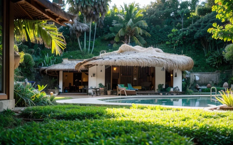 A photograph of a symmetrical contemporary house with (((green roof))) and (((biological pool))) in a tropical backyard, white plaster walls (((rustic clay stucco))), ((corner walls rounded)), ((rustic clay plaster)), (((white walls with rounded corners, organic curves))), (((rustic earth plaster, mud))), (((wave-shaped green roof with wooden edge))), (((wooden roof structure, wooden rake, wooden fascia board))), eaves, porch with wooden pillar, ((roof with wooden structure)), In Bali (((Tropical garden))) , ((natural houses, organic buildings, organic architecture)), Ecovillage, sustainable architecture, Bioconstruction, solarpunk architecture, (((grass roof, green roof, green wave roof, rounded roof, vegetated roofs))), ( (green architecture)), Passive house, (((Rock Foundation))), Clear sky in the background, painful beauty, modern, imposing, green house, ((Bali Hadid Style)), super resolution, cinematic, color grading , editorial photography, photography, photo shoot, (((dramatic front eye top angle view))), O 50mm, depth of field, intricate details, natural colors, sharp focus, warm light, shutter speed 1/1000 , F/22 , White Balance, Ray Trace Reflections, Lumen Reflections, Screen Space Reflections, Diffraction Rating, Chromatic Aberration, GB Shift, Partial Lighting, Backlighting, Daylighting, Scan Lines, ambient occlusion, antialiasing, shaders, OpenGL-Shaders, GLSL-Shaders, Post-processing, post-production, shading, tone mapping, incredibly detailed and complex, hypermaximalist, elegant, hyperrealistic, super detailed, dynamic pose, Fujifilm XT3