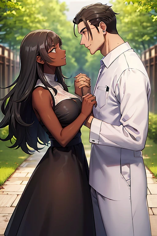 interracial couple, getou, holding hands, smiling, looking into each other's eyes, ((white skin man, very tall, brown eyes, medium length hair, loose hair, black hair, muscular body, piercing)), ((dark skin woman dark brunette, dark brown eyes, black hair, curly hair, hair back, short height)), casual clothes, ginkgo trees in autumn, ((white man and black woman)), masterpiece, great quality, beautiful