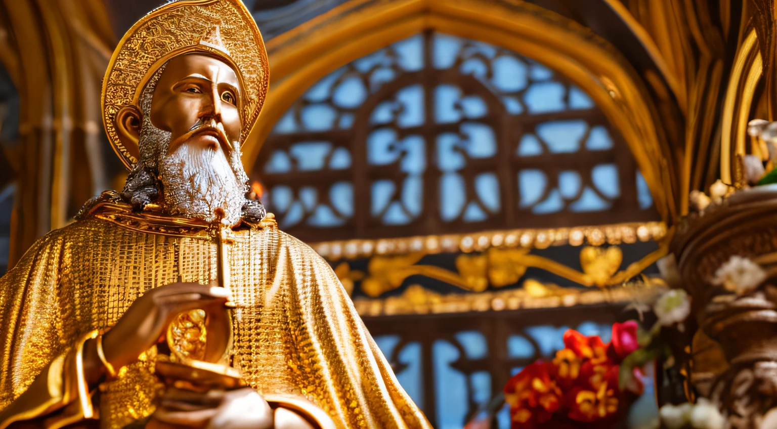 Recreate an authentic image of Saint Onuphrius, depicting his venerable and ascetic figure. I describe below the details to guide your creation: Saint Onuphrius is portrayed as an elderly man of 60 to 70 years, with thin white hair, but a long grizzled beard that reaches knee-length. His body is thin, revealing bones beneath the skin. He wears a loincloth of leather and animal skins, adorned with vine leaves, symbolizing his austere life. The composition of the image should highlight the figure of Saint Onuphrius in the center, emphasizing his humble and devout posture. Use a 16:9 ratio with a resolution of 1920 by 1080 pixels. In the background, create a scene of opulence with sumptuous treasures and shimmering gold coins. These elements represent the material challenges that Saint Onuphrius renounced in his spiritual quest. Focus on capturing the serene and transcendent expression on his face, conveying the devotion and wisdom acquired throughout his spiritual journey. We appreciate your skill in balancing the simplicity of Saint Onuphrius' figure with the symbolic richness of the surrounding environment.