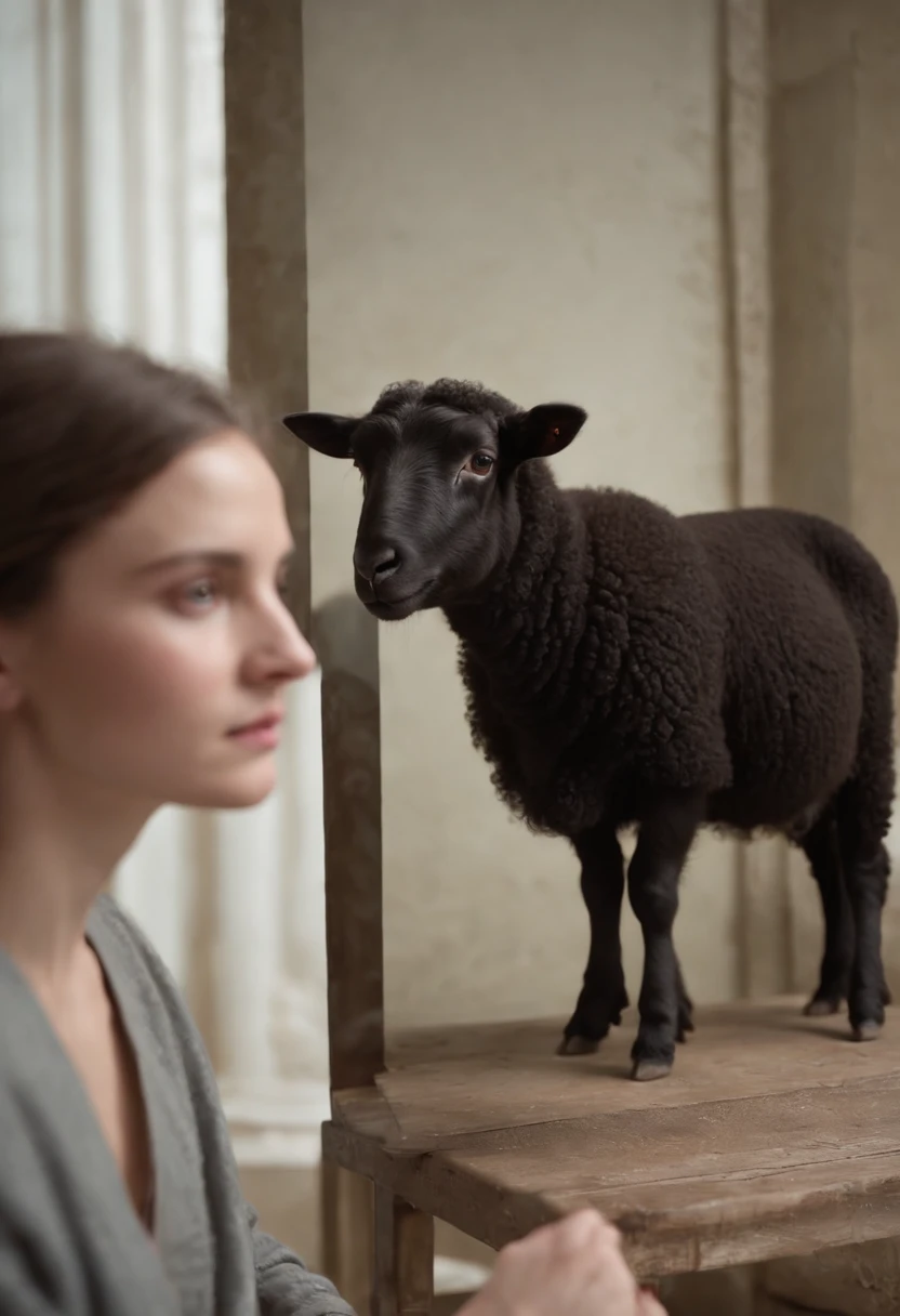 a woman sits in front of a mirror. A child dressed as a black sheep is in the reflection. The child is sad, with tears streaming down her face. With impeccable artistry, the image captures the ethereal essence of the scene, showcasing its radiant and otherworldly hues. The composition, whether a photograph or a painting, exudes a remarkable level of detail and precision, elevating the viewer's experience.