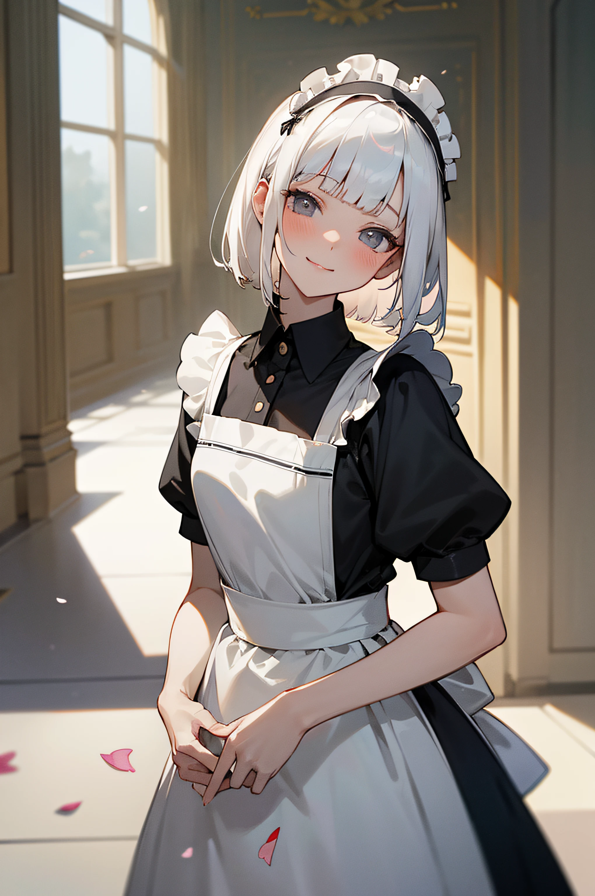 (masterpiece, best quality, absurdres), 1girl, white hair, short straight hair, blunt bangs, flat chest, narrow waist, grey eyes, petals, pale skin, mansion, indoors, maid, maid headdress, maid apron, cowboy shot, blush, light smile, head tilt, bowing