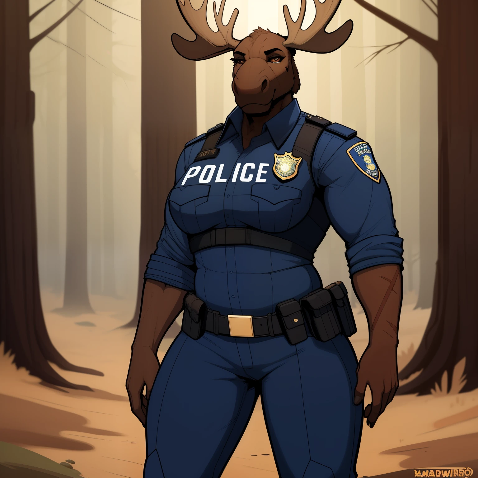 Giant_muscular_moose female brown_furry_body brown_eyes very_fluffy scars misty_breath foggy_forest solo Masterpiece best_quality absurdres highly_detailed cleanly_drawn_eyes anthro_only by_claweddrip, by_greasymojo, by_underscore-b, by_runawaystride police_uniform