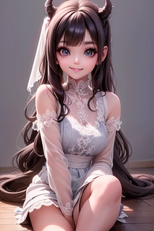 a (horned demon girl) smiling, wearing a lace cloth dress, black hair, red smokey eyes makeup, hair accesories, leaping, contemporary dance, (((sfw)))