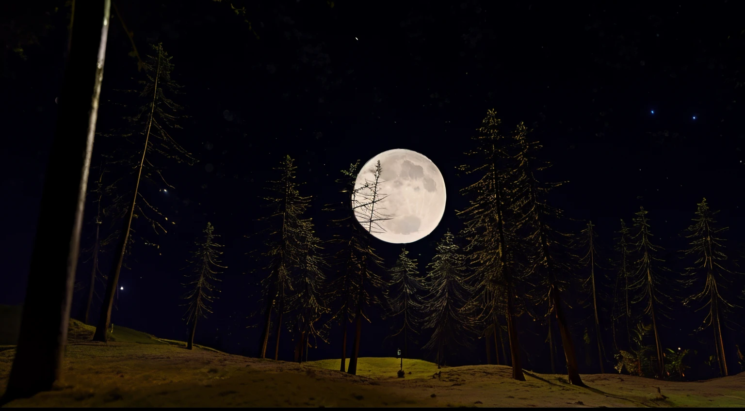 there's a full moon in the sky above some trees, Floresta e Lua, at night with full moon, with full moon in the sky, Floresta iluminada pela lua, at night with moon light, luz da lua no fundo superior, uma imagem de uma floresta iluminada pela lua, full moon lighting, ambiente florestal ao luar, floresta noturna, forest at night, lua cheia