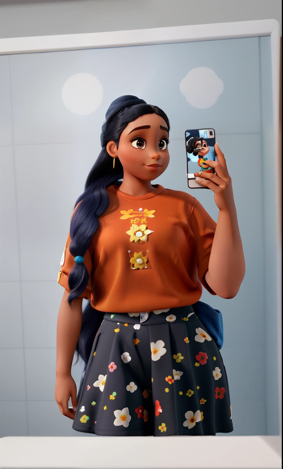 Modelo Disney Pixar menina de rabo de cabelo preto pele morena blusa vermelha saia floral tirando foto no espelho