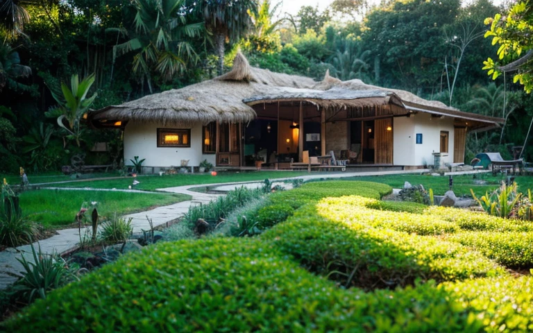 A photograph of a symmetrical contemporary house with (((green roof))) and (((biological pool))) in a tropical backyard, white plaster walls (((rustic clay stucco))), ((corner walls rounded)), ((rustic clay plaster)), (((white walls with rounded corners, organic curves))), (((rustic earth plaster, mud))), (((wave-shaped green roof with wooden edge))), (((wooden roof structure, wooden rake, wooden fascia board))), eaves, porch with wooden pillar, ((roof with wooden structure)), In Bali (((Tropical garden))) , ((natural houses, organic buildings, organic architecture)), Ecovillage, sustainable architecture, Bioconstruction, solarpunk architecture, (((grass roof, green roof, green wave roof, rounded roof, vegetated roofs))), ( (green architecture)), Passive house, (((Rock Foundation))), Clear sky in the background, painful beauty, modern, imposing, green house, ((Bali Hadid Style)), super resolution, cinematic, color grading , editorial photography, photography, photo shoot, (((dramatic front eye top angle view))), O 50mm, depth of field, intricate details, natural colors, sharp focus, warm light, shutter speed 1/1000 , F/22 , White Balance, Ray Trace Reflections, Lumen Reflections, Screen Space Reflections, Diffraction Rating, Chromatic Aberration, GB Shift, Partial Lighting, Backlighting, Daylighting, Scan Lines, ambient occlusion, antialiasing, shaders, OpenGL-Shaders, GLSL-Shaders, Post-processing, post-production, shading, tone mapping, incredibly detailed and complex, hypermaximalist, elegant, hyperrealistic, super detailed, dynamic pose, Fujifilm XT3