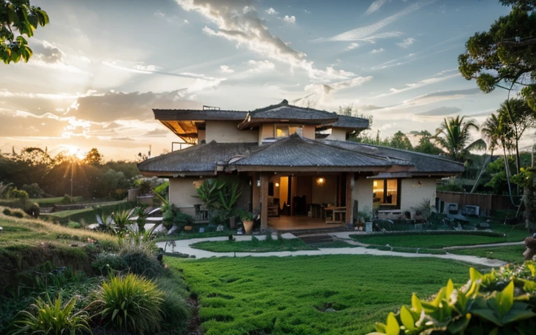 A photograph of a symmetrical contemporary house with (((green roof))) and (((biological pool))) in a tropical backyard, white plaster walls (((rustic clay stucco))), ((corner walls rounded)), ((rustic clay plaster)), (((white walls with rounded corners, organic curves))), (((rustic earth plaster, mud))), (((wave-shaped green roof with wooden edge))), (((wooden roof structure, wooden rake, wooden fascia board))), eaves, porch with wooden pillar, ((roof with wooden structure)), In Bali (((Tropical garden))) , ((natural houses, organic buildings, organic architecture)), Ecovillage, sustainable architecture, Bioconstruction, solarpunk architecture, (((grass roof, green roof, green wave roof, rounded roof, vegetated roofs))), ( (green architecture)), Passive house, (((Rock Foundation))), Clear sky in the background, painful beauty, modern, imposing, green house, ((Bali Hadid Style)), super resolution, cinematic, color grading , editorial photography, photography, photo shoot, (((dramatic front eye top angle view))), O 50mm, depth of field, intricate details, natural colors, sharp focus, warm light, shutter speed 1/1000 , F/22 , White Balance, Ray Trace Reflections, Lumen Reflections, Screen Space Reflections, Diffraction Rating, Chromatic Aberration, GB Shift, Partial Lighting, Backlighting, Daylighting, Scan Lines, ambient occlusion, antialiasing, shaders, OpenGL-Shaders, GLSL-Shaders, Post-processing, post-production, shading, tone mapping, incredibly detailed and complex, hypermaximalist, elegant, hyperrealistic, super detailed, dynamic pose, Fujifilm XT3