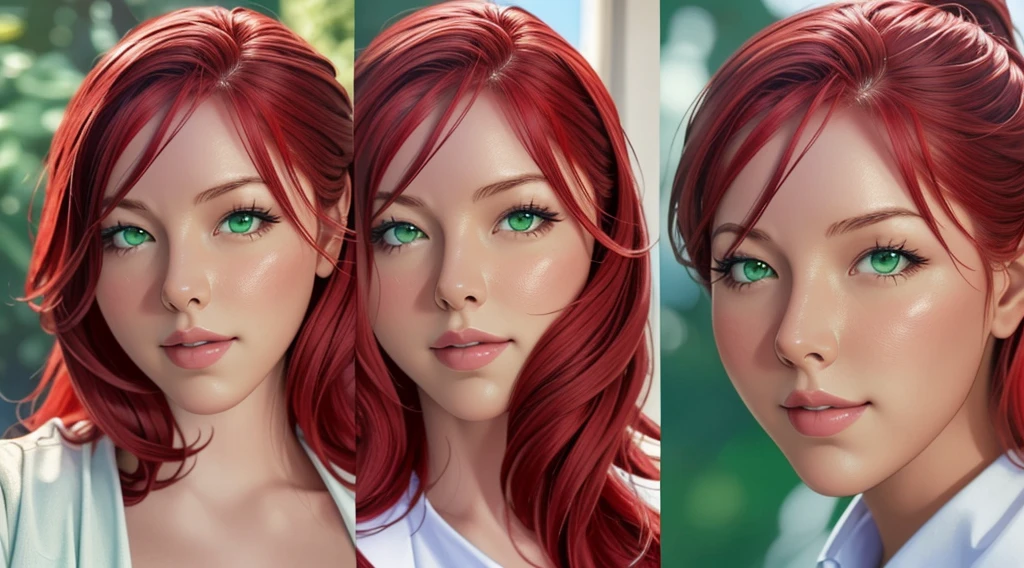 Female original character reference sheet adoptable, (masterpiece:1.4), (photorealistic:1.3), (best quality), (extremely high detail), Austin White, ((red hair)), ((green eyes)), huge breasts, making oh face, blushing, embarassed, dynamic pose, dynamic angles,