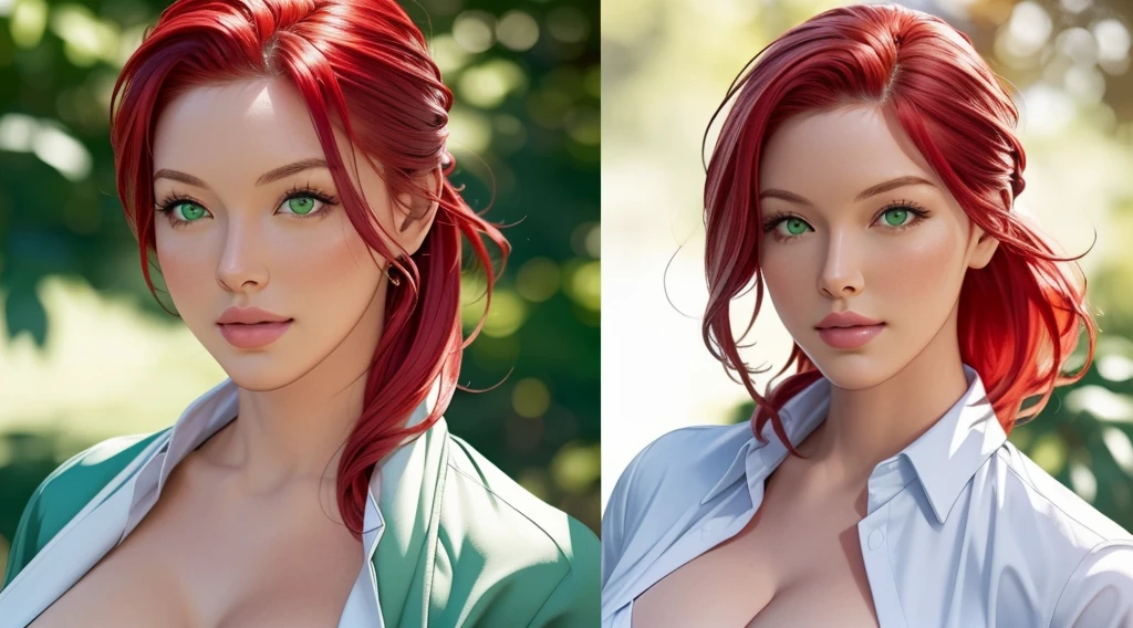 Female original character reference sheet adoptable, (masterpiece:1.4), (photorealistic:1.3), (best quality), (extremely high detail), Austin White, ((red hair)), ((green eyes)), huge breasts, making oh face, blushing, embarassed, dynamic pose, dynamic angles,