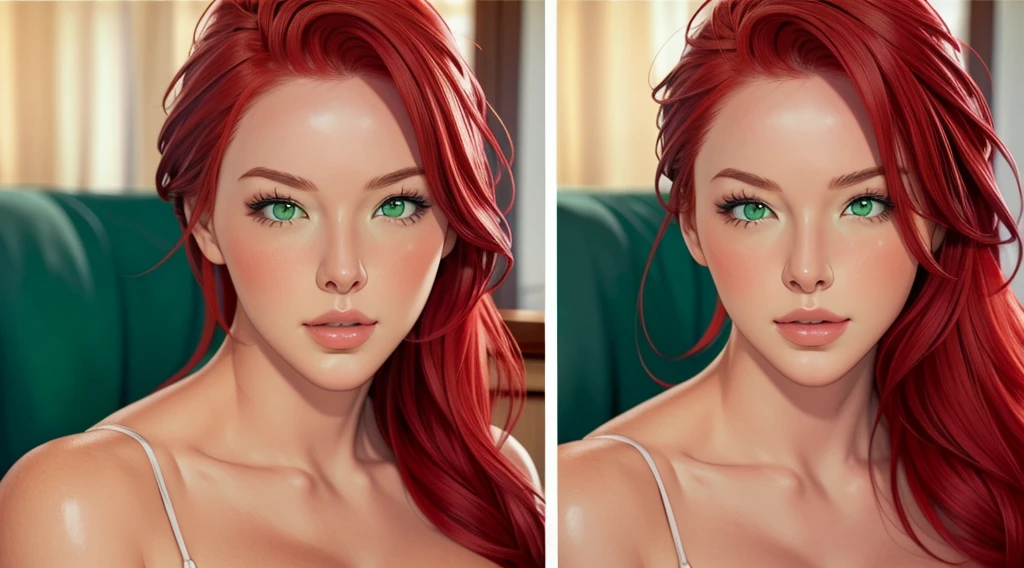 Female original character reference sheet adoptable, (masterpiece:1.4), (photorealistic:1.3), (best quality), (extremely high detail), Austin White, ((red hair)), ((green eyes)), huge breasts, making oh face, blushing, embarassed, dynamic pose, dynamic angles,