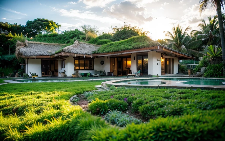 A photograph of a symmetrical contemporary house with (((green roof))) and (((biological pool))) in a tropical backyard, white plaster walls (((rustic clay stucco))), ((corner walls rounded)), ((rustic clay plaster)), (((white walls with rounded corners, organic curves))), (((rustic earth plaster, mud))), (((wave-shaped green roof with wooden edge))), (((wooden roof structure, wooden rake, wooden fascia board))), eaves, porch with wooden pillar, ((roof with wooden structure)), In Bali (((Tropical garden))) , ((natural houses, organic buildings, organic architecture)), Ecovillage, sustainable architecture, Bioconstruction, solarpunk architecture, (((grass roof, green roof, green wave roof, rounded roof, vegetated roofs))), ( (green architecture)), Passive house, (((Rock Foundation))), Clear sky in the background, painful beauty, modern, imposing, green house, ((Bali Hadid Style)), super resolution, cinematic, color grading , editorial photography, photography, photo shoot, (((dramatic front eye top angle view))), O 50mm, depth of field, intricate details, natural colors, sharp focus, warm light, shutter speed 1/1000 , F/22 , White Balance, Ray Trace Reflections, Lumen Reflections, Screen Space Reflections, Diffraction Rating, Chromatic Aberration, GB Shift, Partial Lighting, Backlighting, Daylighting, Scan Lines, ambient occlusion, antialiasing, shaders, OpenGL-Shaders, GLSL-Shaders, Post-processing, post-production, shading, tone mapping, incredibly detailed and complex, hypermaximalist, elegant, hyperrealistic, super detailed, dynamic pose, Fujifilm XT3