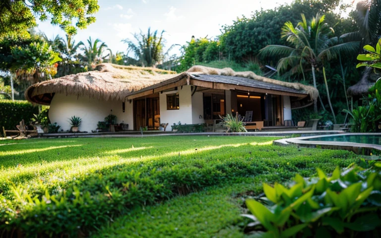 A photograph of a symmetrical contemporary house with (((green roof))) and (((biological pool))) in a tropical backyard, white plaster walls (((rustic clay stucco))), ((corner walls rounded)), ((rustic clay plaster)), (((white walls with rounded corners, organic curves))), (((rustic earth plaster, mud))), (((wave-shaped green roof with wooden edge))), (((wooden roof structure, wooden rake, wooden fascia board))), eaves, porch with wooden pillar, ((roof with wooden structure)), In Bali (((Tropical garden))) , ((natural houses, organic buildings, organic architecture)), Ecovillage, sustainable architecture, Bioconstruction, solarpunk architecture, (((grass roof, green roof, green wave roof, rounded roof, vegetated roofs))), ( (green architecture)), Passive house, (((Rock Foundation))), Clear sky in the background, painful beauty, modern, imposing, green house, ((Bali Hadid Style)), super resolution, cinematic, color grading , editorial photography, photography, photo shoot, (((dramatic front eye top angle view))), O 50mm, depth of field, intricate details, natural colors, sharp focus, warm light, shutter speed 1/1000 , F/22 , White Balance, Ray Trace Reflections, Lumen Reflections, Screen Space Reflections, Diffraction Rating, Chromatic Aberration, GB Shift, Partial Lighting, Backlighting, Daylighting, Scan Lines, ambient occlusion, antialiasing, shaders, OpenGL-Shaders, GLSL-Shaders, Post-processing, post-production, shading, tone mapping, incredibly detailed and complex, hypermaximalist, elegant, hyperrealistic, super detailed, dynamic pose, Fujifilm XT3
