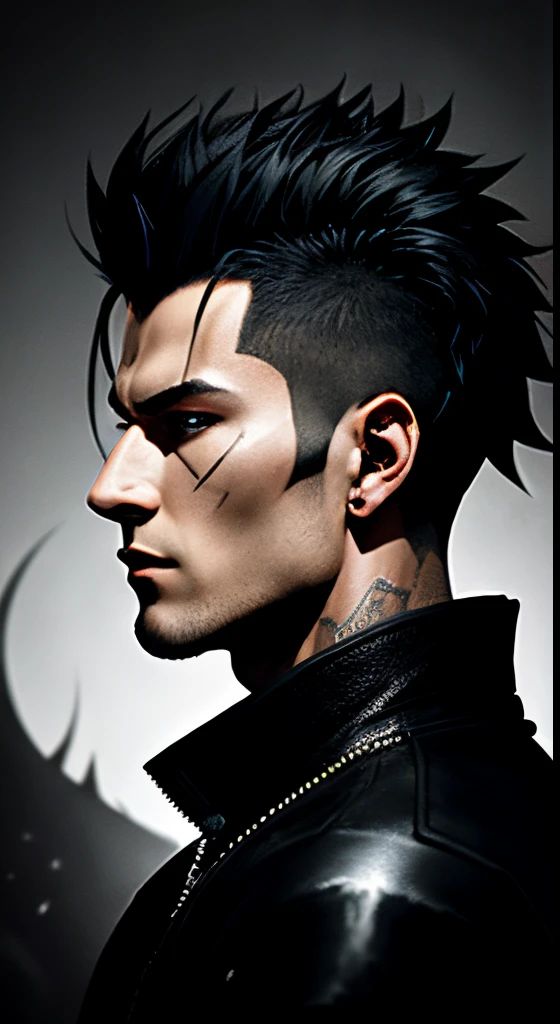 man with mohawk on black background, The Dark Pit, Drawn with Photoshop, profile shot, The Sandman from the graphic novel, handsome guy in demon slayer art, Supergiant Aida, Dark, But detailed digital art, The Devil Man, shadowy and eerie character, human male demon, berserk art style, High Quality Portrait, Male with halo