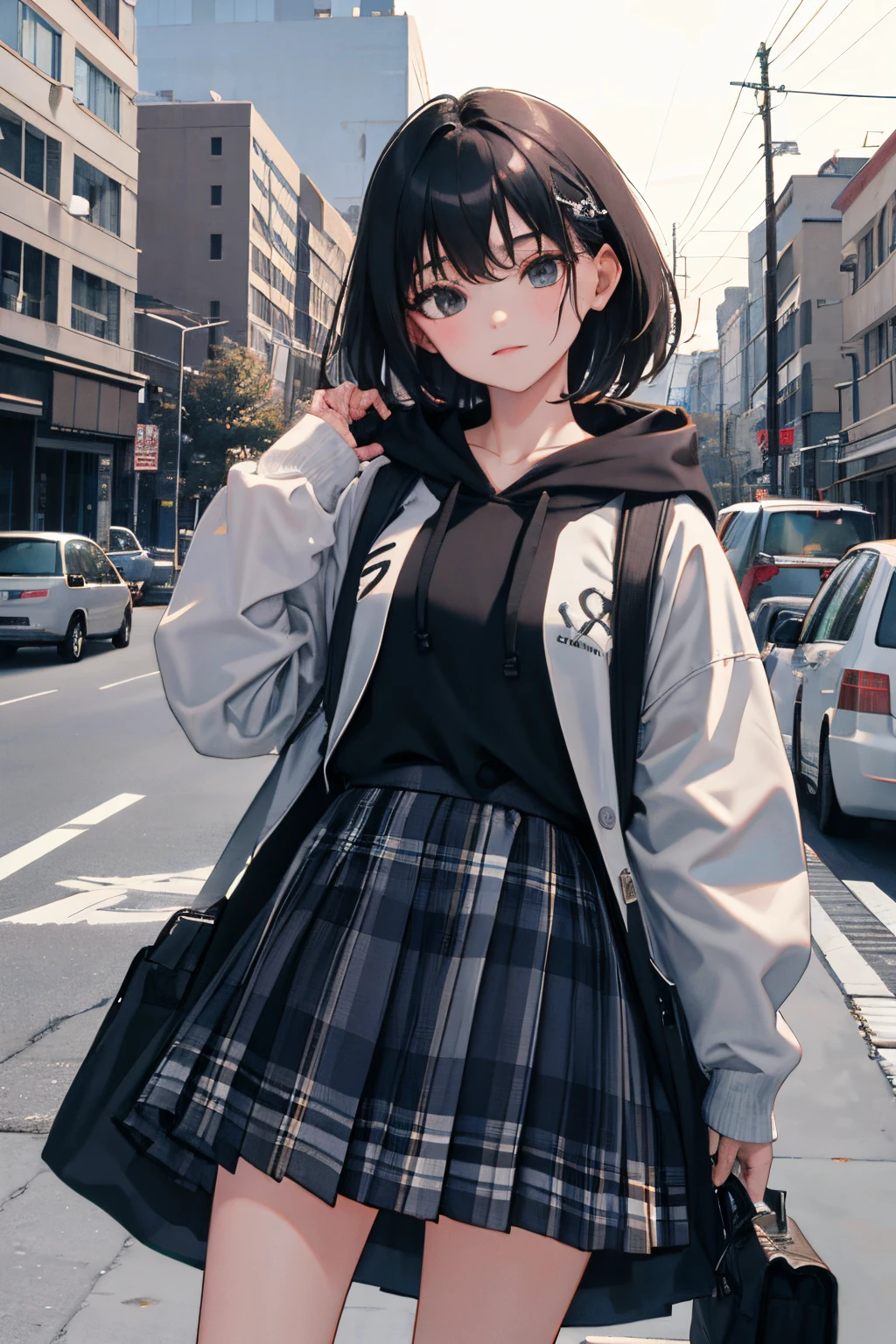 child，（​masterpiece，Highest Quality），skirt rift，Gray hoodie，plaid skirts，A dark-haired