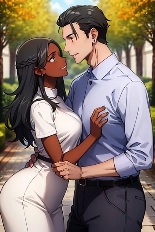 interracial couple, getou, holding hands, smiling, looking into each other's eyes, ((white skin man, very tall, brown eyes, medium length hair, loose hair, black hair, muscular body, piercing)), ((dark skin woman dark brunette, dark brown eyes, black hair, curly hair, hair back, short height)), casual clothes, ginkgo trees in autumn, ((white man and black woman)), masterpiece, great quality, beautiful