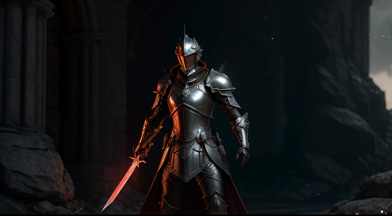 The Man in the Armor, holding a glowing red and silver sword in his hand, arma, shelmet, bronya, 独奏, male focus, 1boy, shoulder armor, cape, medieval fantasy game art, glowing lights in armor, dressed in light armor, (Octane Render) fantasy style, detailed digital 2d fantasy art, lord of cinder, epic fantasy art style hd, Detailed graphics of the game, unreal engine fantasy art, fantasy knight, Light, Coming from the reservation
