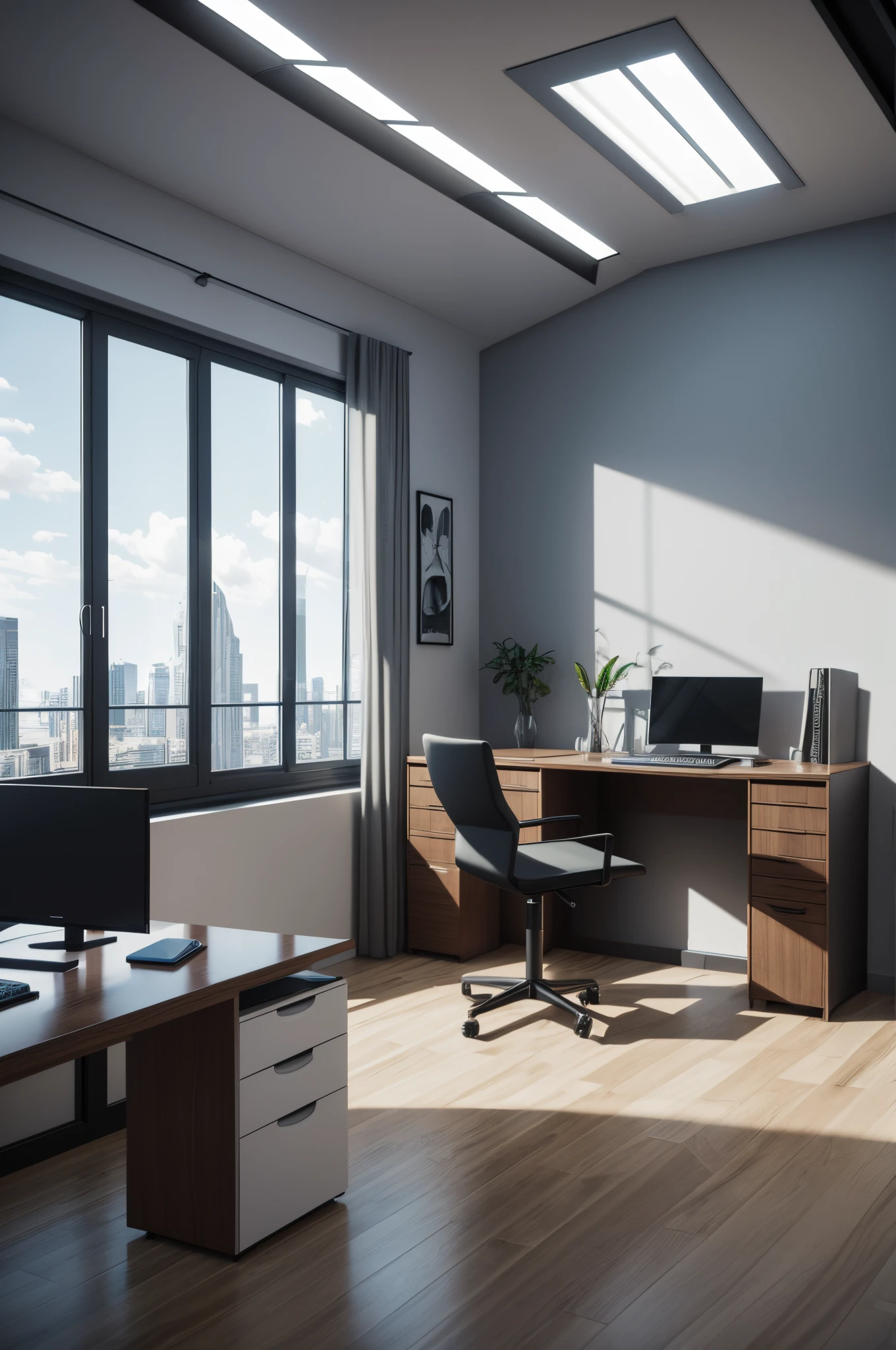 There is a computer desk with a monitor and a chair in front, interior futurista, Futuristic room, apartamento futurista retro, fundo futurista do quarto, sala de estar futurista, futuristic architectural art, Desktopografia, Sci - Fi Interior, arquitetura futurista detalhada, lindo render 3d, origami studio 3 design, renderizado no lumion pro, Stunning 3D rendering