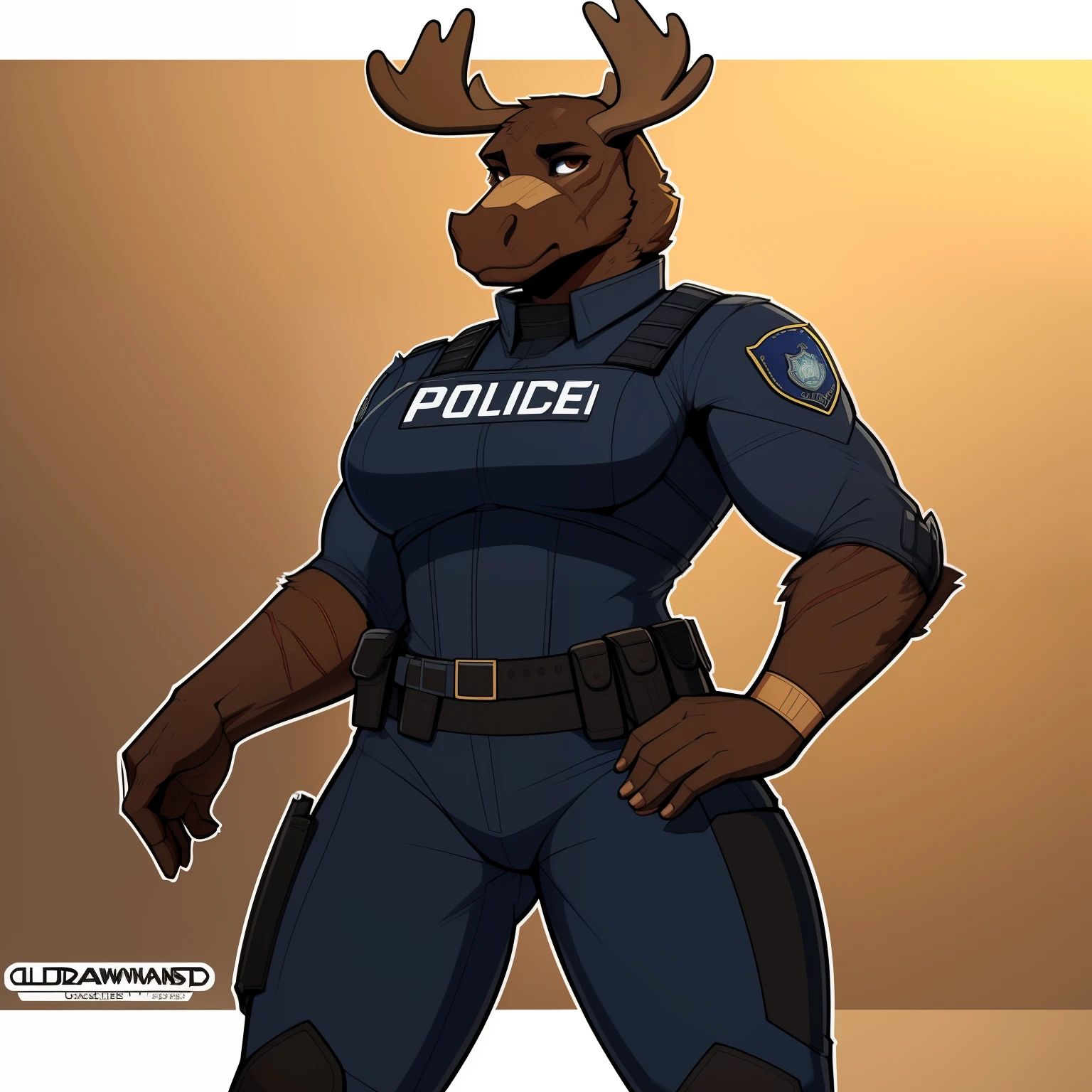 Giant_muscular_moose female brown_furry_body brown_eyes very_fluffy scars solo Masterpiece best_quality absurdres highly_detailed cleanly_drawn_eyes anthro_only by_claweddrip, by_greasymojo, by_underscore-b, by_runawaystride police_uniform body_armor