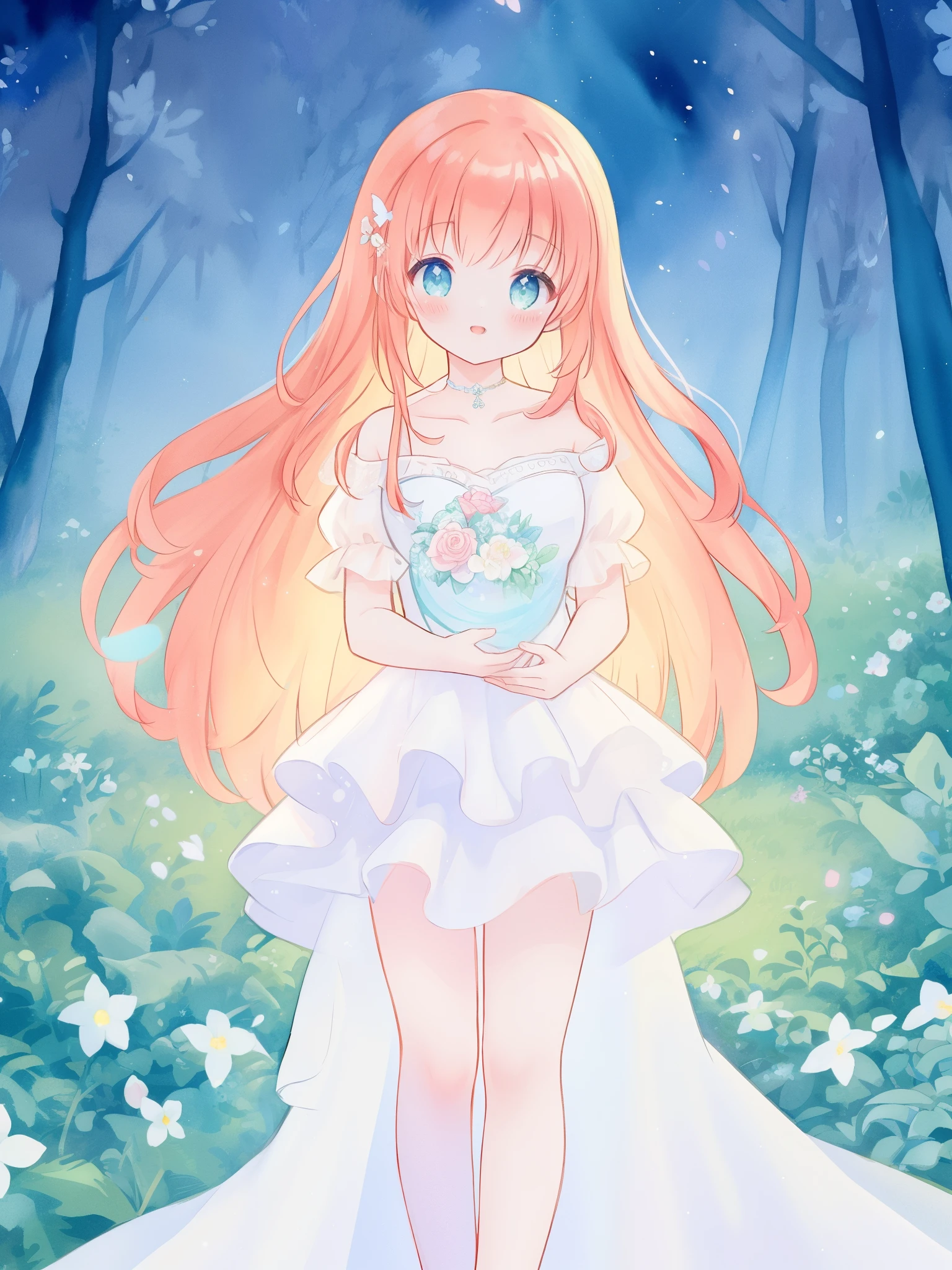 beautiful fairy girl in sparkling white ballgown, puffy flowing ballgown, sheer fluttering sleeves, ((glowing sheer layered dress)), long red gold hair, colorful fantasia background, delicate white flowers in her hair, watercolor illustration, glowing lights, beautiful digital illustration, fantasia otherworldly landscape, beautiful, masterpiece, best quality, (vibrant pastel colors), (colorful), magical forest landscape, sharp focus, intricate details, highly detailed, 8k resolution