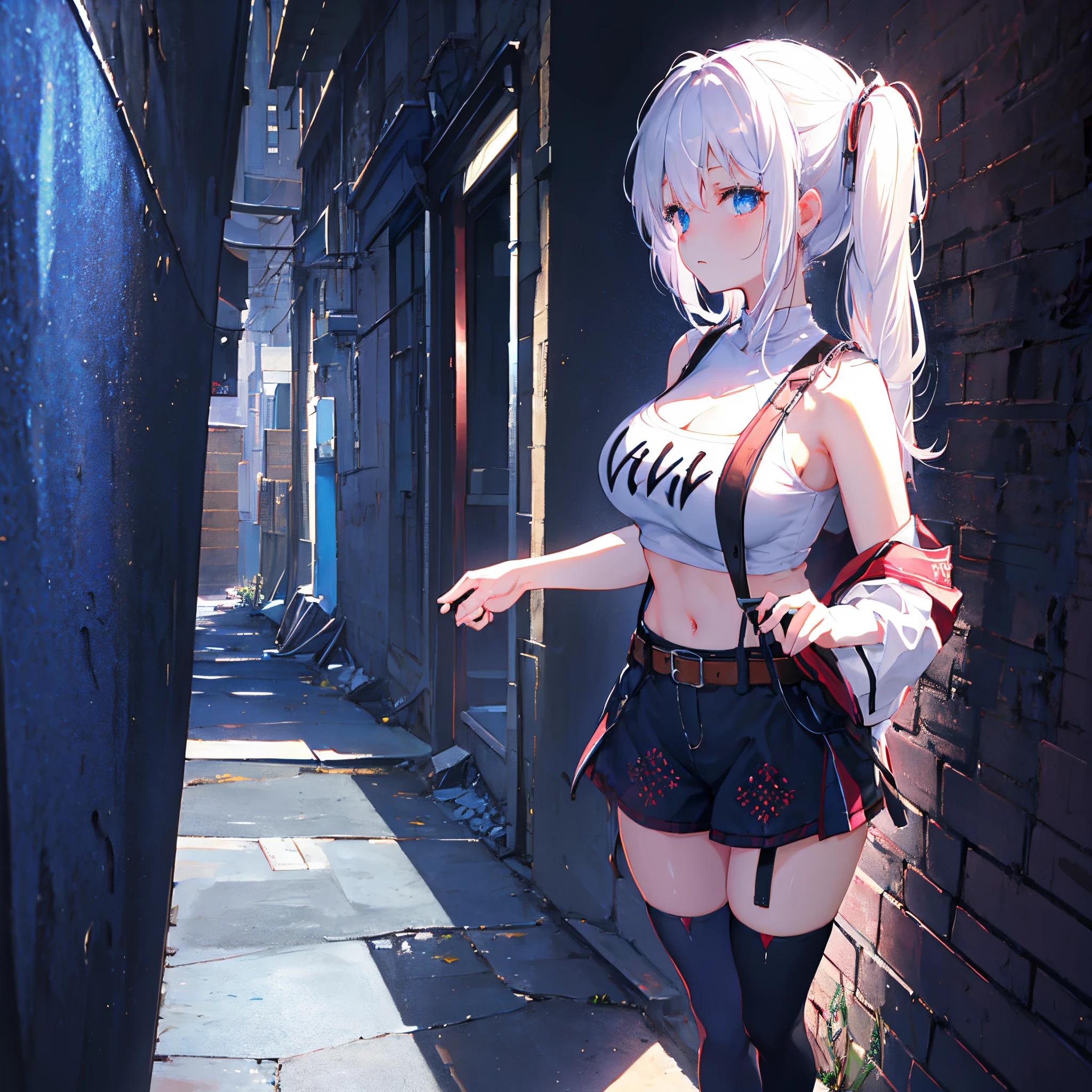 1 girl, solo, Shiina_Yuika, Nijisanji, white hair with dark tips, blue eyes, cute blue hair clip, large breasts, gothic sleeveless shirt, diamond-shaped boob window, crop-top, patterned black short trousers with belt, kneehigh socks, snickers, back against the wall, shoulder look, guitar, microphone, cold expression, alleyway in background