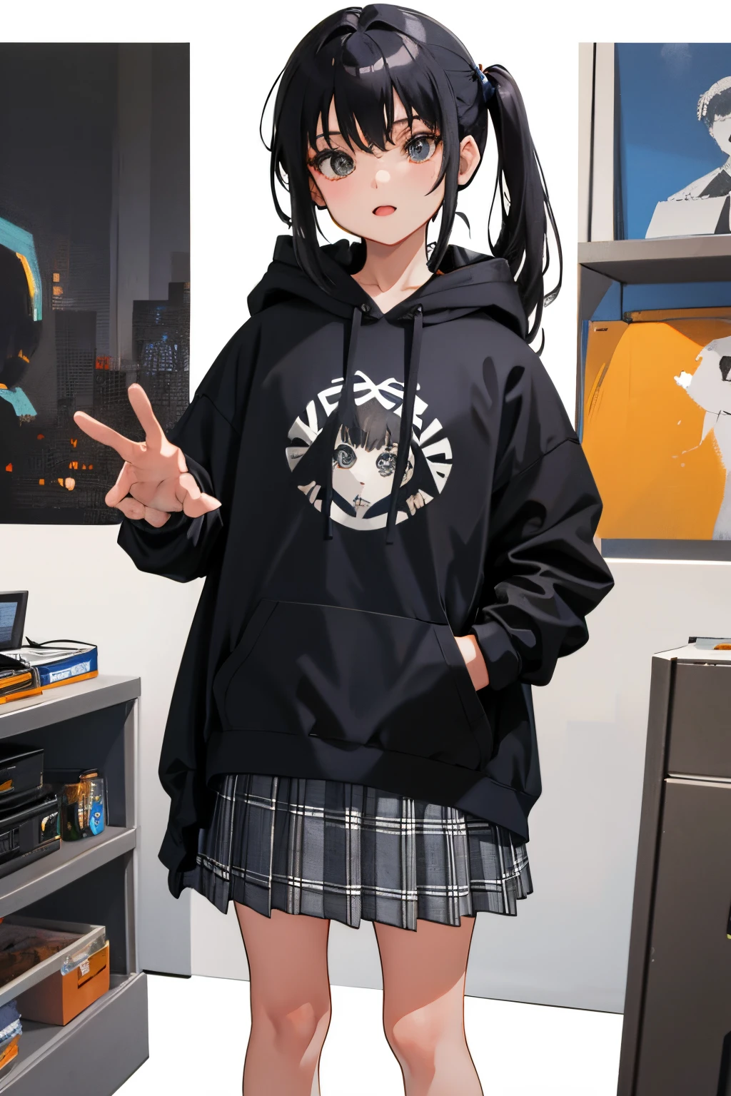 child,(masterpiece,Highest Quality),(skirt rift:1.2),Gray hoodie,plaid skirts,A dark-haired