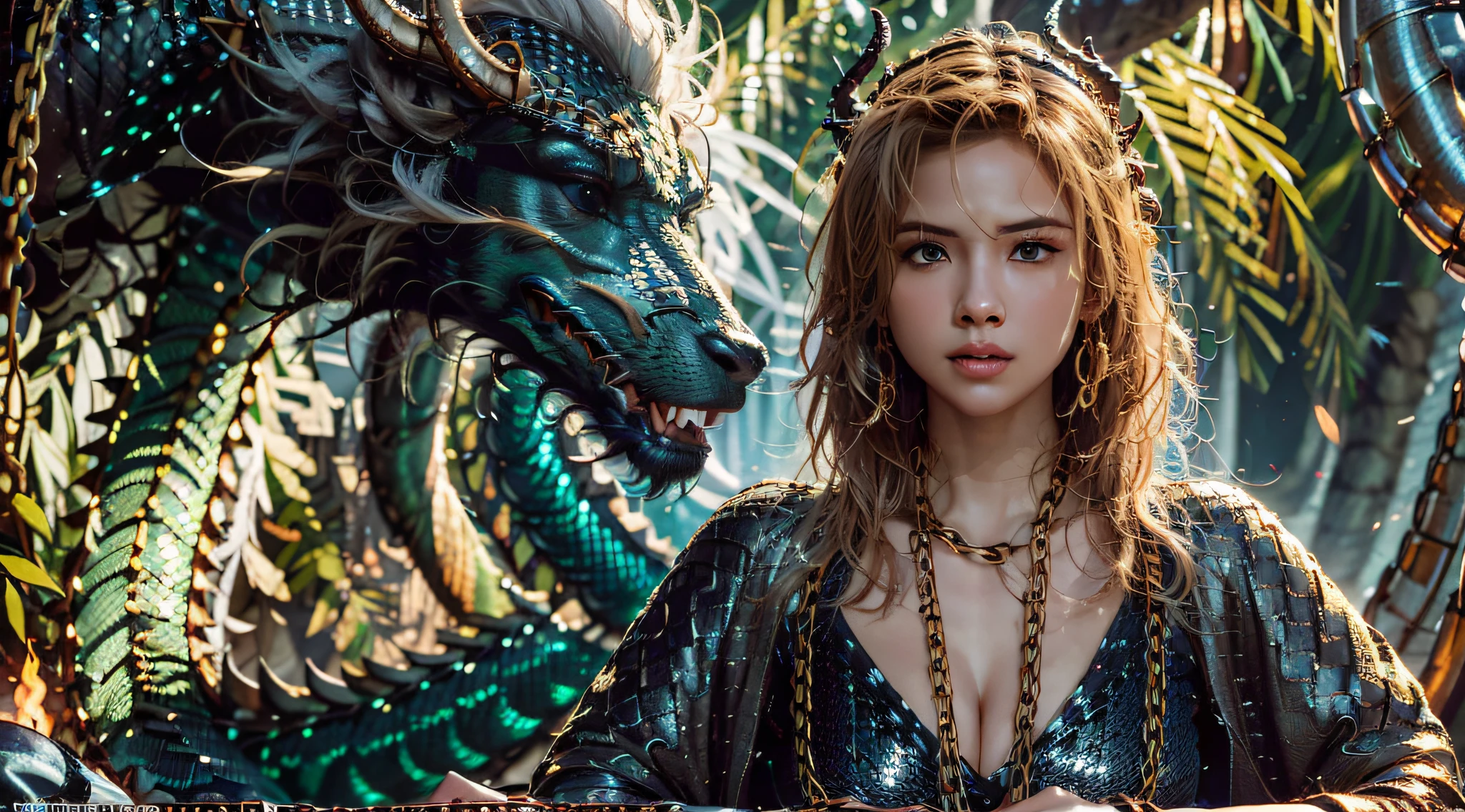 Beautiful girl with green dragon, ((Girl in a long robe)), (Wearing chain mail: 1.4), (Long cloth pants: 1.2), (chain mail with dragon scale patterns), perfect facial features, gentle face, Long hair, graceful , Wisdom, Bravery, Rainbow Dragon, scales, Horns, flame, wings, Dragon Claws, The dragon protects the girl, Ancient forest background, A Mysterious Connection, defense, Trust, realistic quality, Realism, 8K, Best Quality, Masterpiece, cinematic quality, High chiaroscuro, Octane rendering