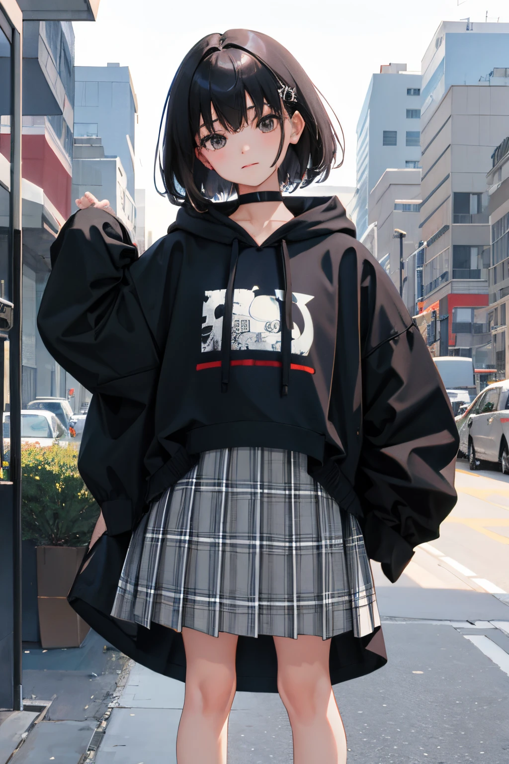 ，（​masterpiece，Highest Quality），(skirt rift:1.2)，Gray hoodie，plaid skirts，A dark-haired