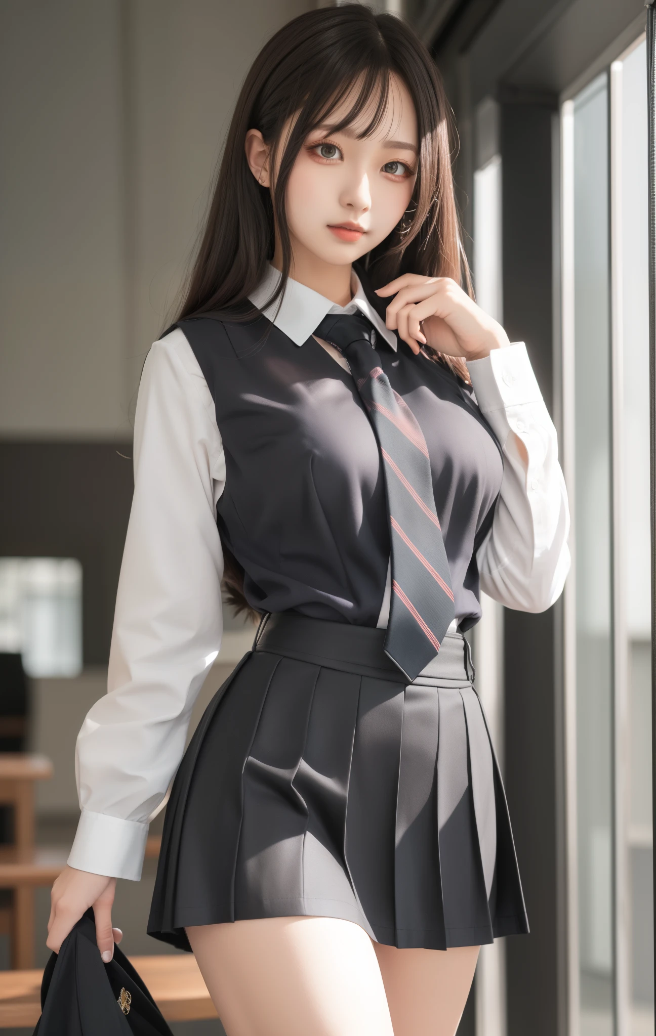 black necktie, Long sleeves, Pleated skirt, School uniform, Shirt, Skirt, sleeves rolled up, White shirt, cleavage,