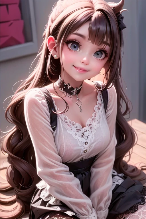 a close up of a demon girl smiling in a lace skirt and a lace shirt, smokey eyes makeup, white tights, she is wearing lace streetwear, collar, choke, pumps, fashionable rpg clothing,