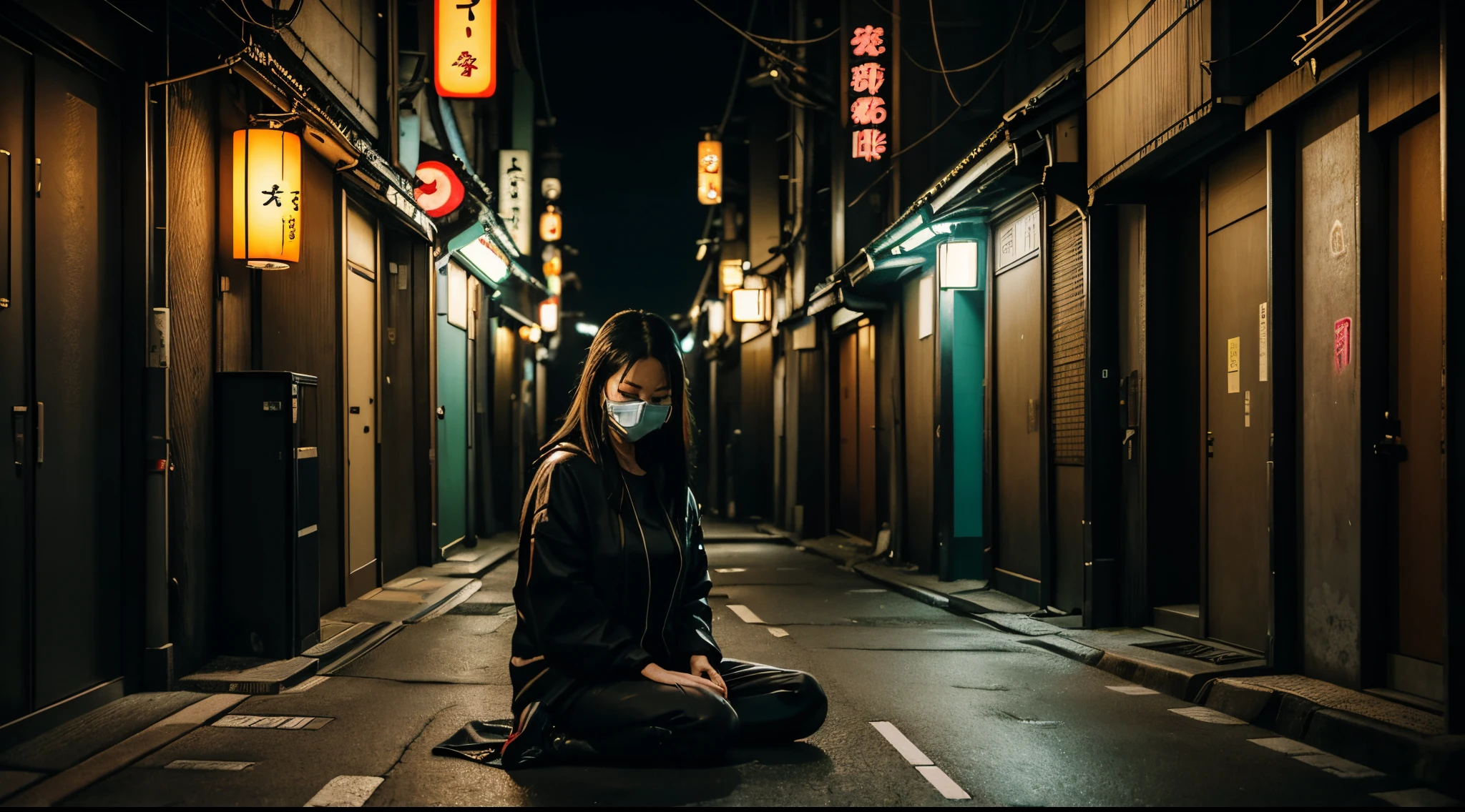 Sad woman in black surgical mask, sitting on the floor with eyes closed, quiet tokyo alley at night, cyberpunk streets in japan, Rua Japonesa, tokyo alleyway, japanese city at night, tokyo street background, cyberpunk streets at night, Beco Cyberpunk, Rua Cyberpunk, neon tokyo, rua cyberpunk