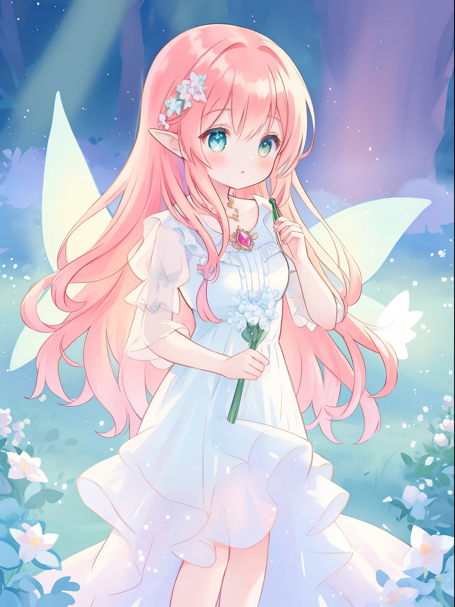 beautiful fairy girl in sparkling white ballgown, puffy flowing ballgown, sheer fluttering sleeves, ((glowing sheer layered dress)), long red gold hair, colorful fantasia background, delicate white flowers in her hair, watercolor illustration, glowing lights, beautiful digital illustration, fantasia otherworldly landscape, beautiful, masterpiece, best quality, (vibrant pastel colors), (colorful), magical forest landscape, sharp focus, intricate details, highly detailed, 8k resolution, (beautiful fairy girl)