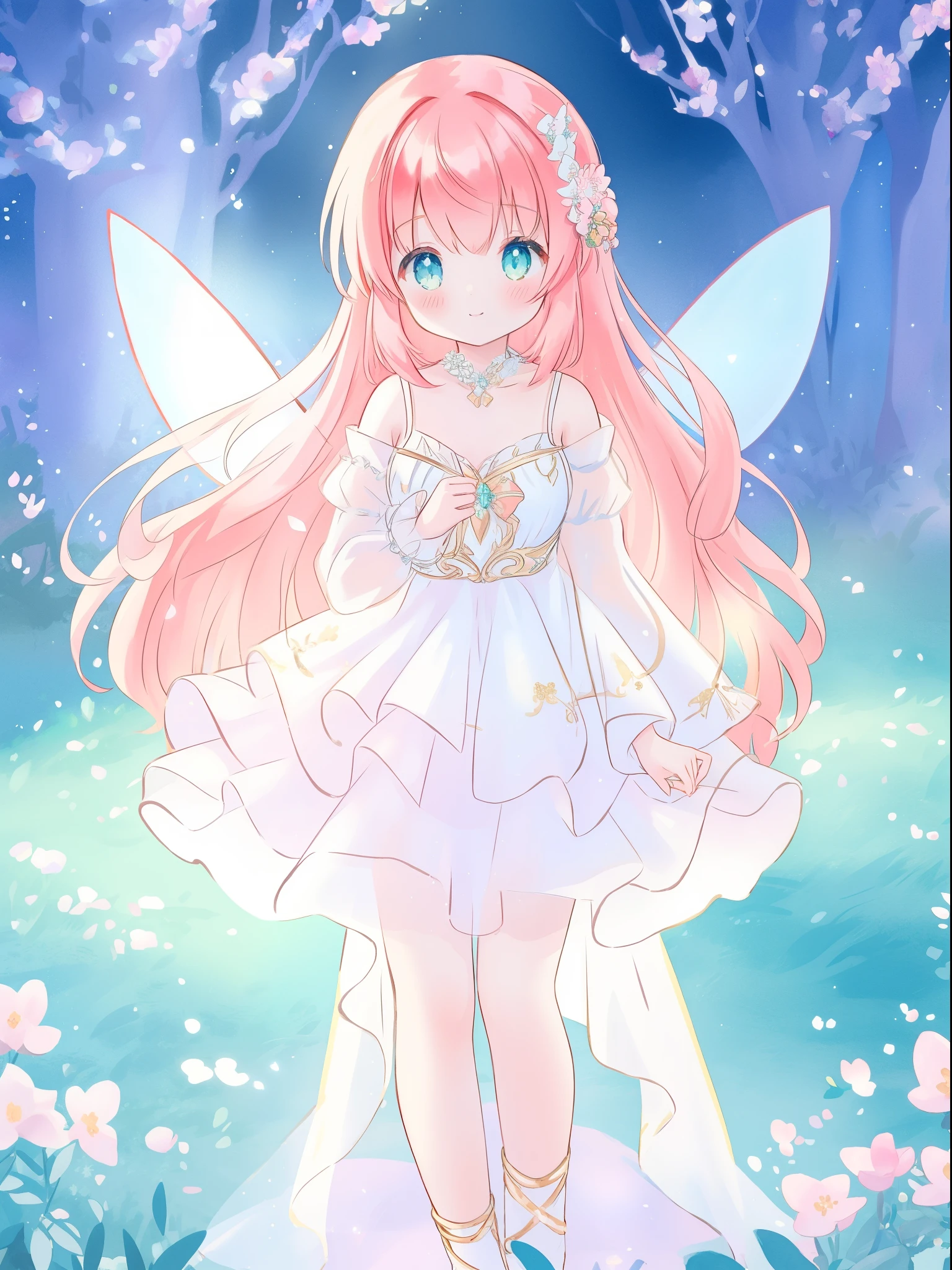 beautiful fairy girl in sparkling white ballgown, puffy flowing ballgown, sheer fluttering sleeves, ((glowing sheer layered dress)), long red gold hair, colorful fantasia background, delicate white flowers in her hair, watercolor illustration, glowing lights, beautiful digital illustration, fantasia otherworldly landscape, beautiful, masterpiece, best quality, (vibrant pastel colors), (colorful), magical forest landscape, sharp focus, intricate details, highly detailed, 8k resolution, (beautiful fairy girl)