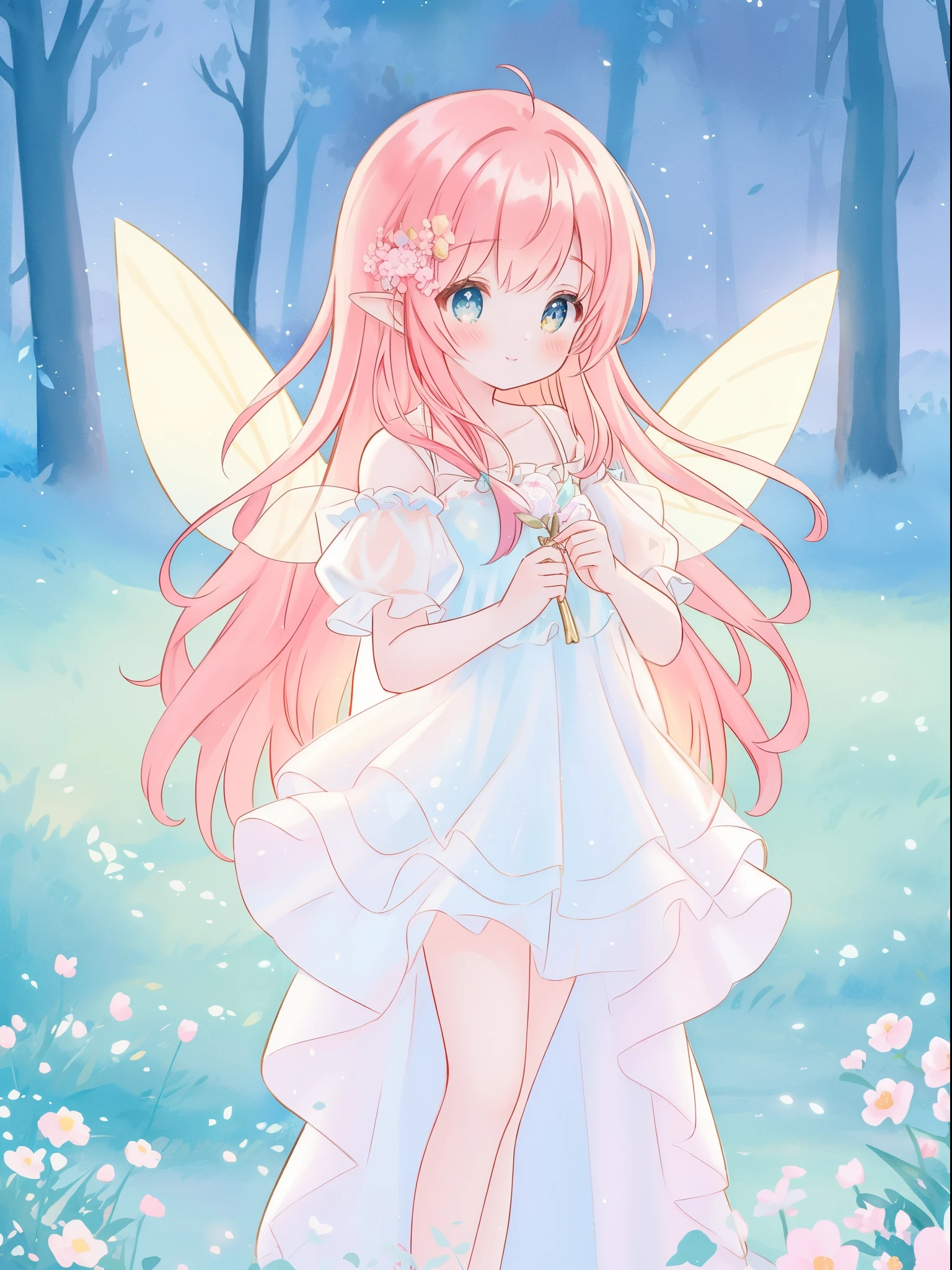 beautiful fairy girl in sparkling white ballgown, puffy flowing ballgown, sheer fluttering sleeves, ((glowing sheer layered dress)), long red gold hair, colorful fantasia background, delicate white flowers in her hair, watercolor illustration, glowing lights, beautiful digital illustration, fantasia otherworldly landscape, beautiful, masterpiece, best quality, (vibrant pastel colors), (colorful), magical forest landscape, sharp focus, intricate details, highly detailed, 8k resolution, (beautiful fairy girl)