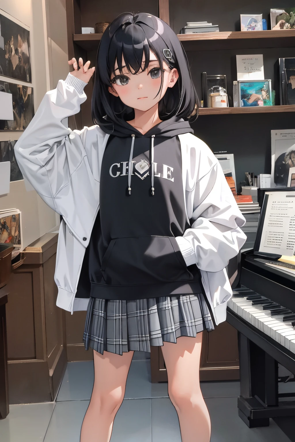 child,(masterpiece,Highest Quality),(skirt rift),Gray hoodie,plaid skirts,A dark-haired